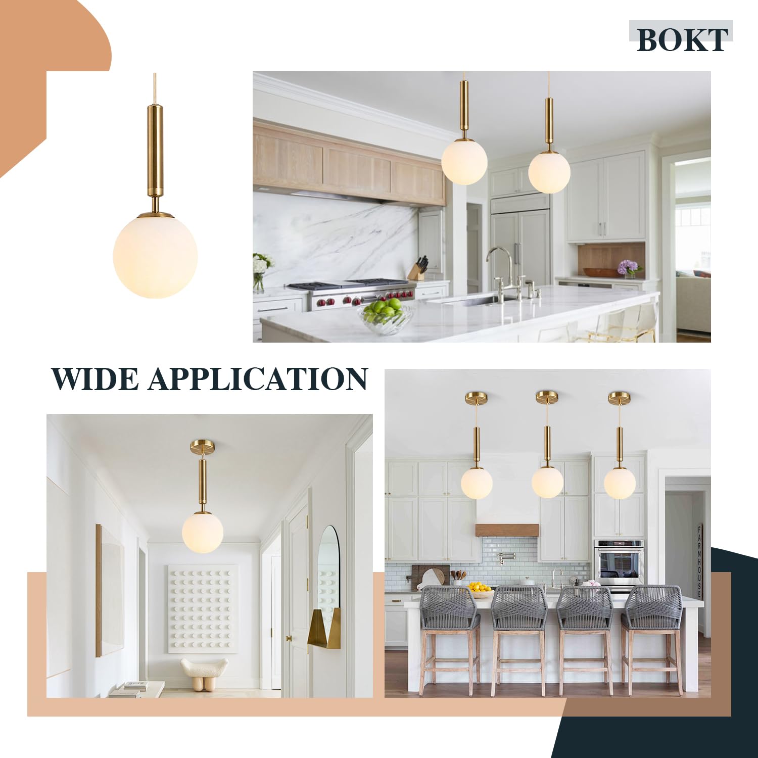 Bokt Mid Century Modern Gold Globe Pendant Light Milk White Opal Glass Pendant Light 1 Light Farmhouse Brushed Brass Mini Hangin