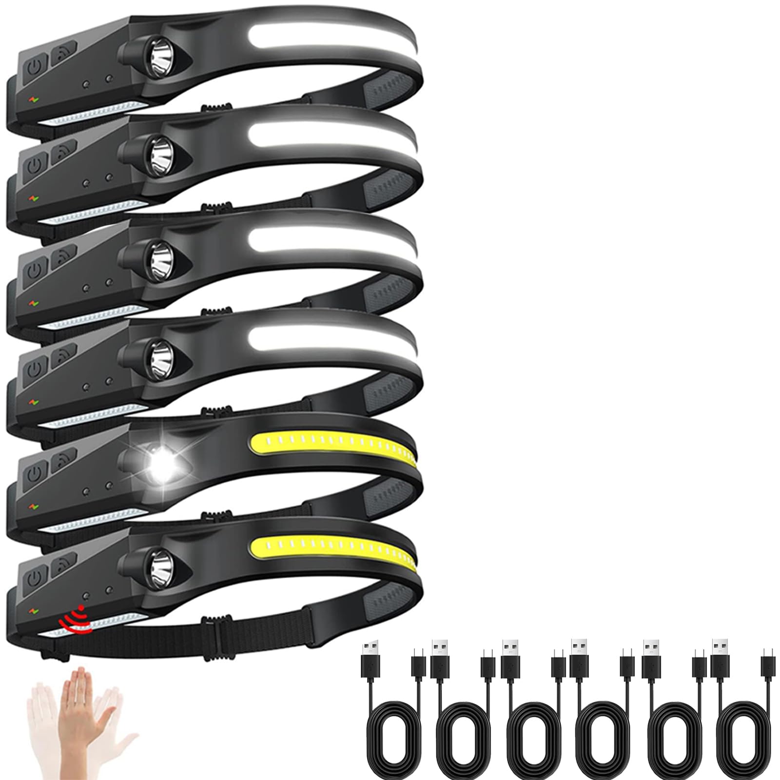 Rechargeable Headlamps 6 Packs, 230 Wide Beam Led Soft Head Lamp For Adult, Motion Sensor Headlamps With 5 Modes For Hand Free, 