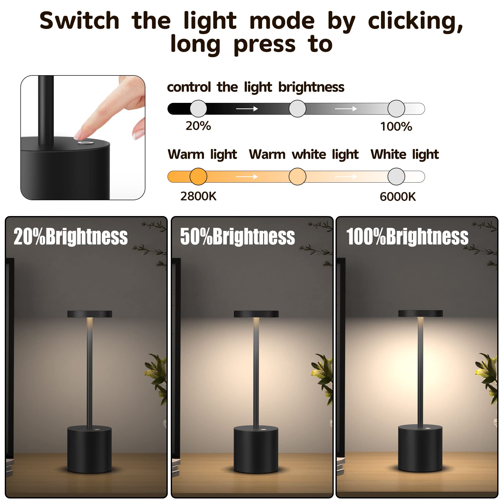 YIBEN Cordless Table Lamp, Rechargeable LED, 5000mAh Battery, 3 Brightness Levels, 10.25in, 2pack, Black