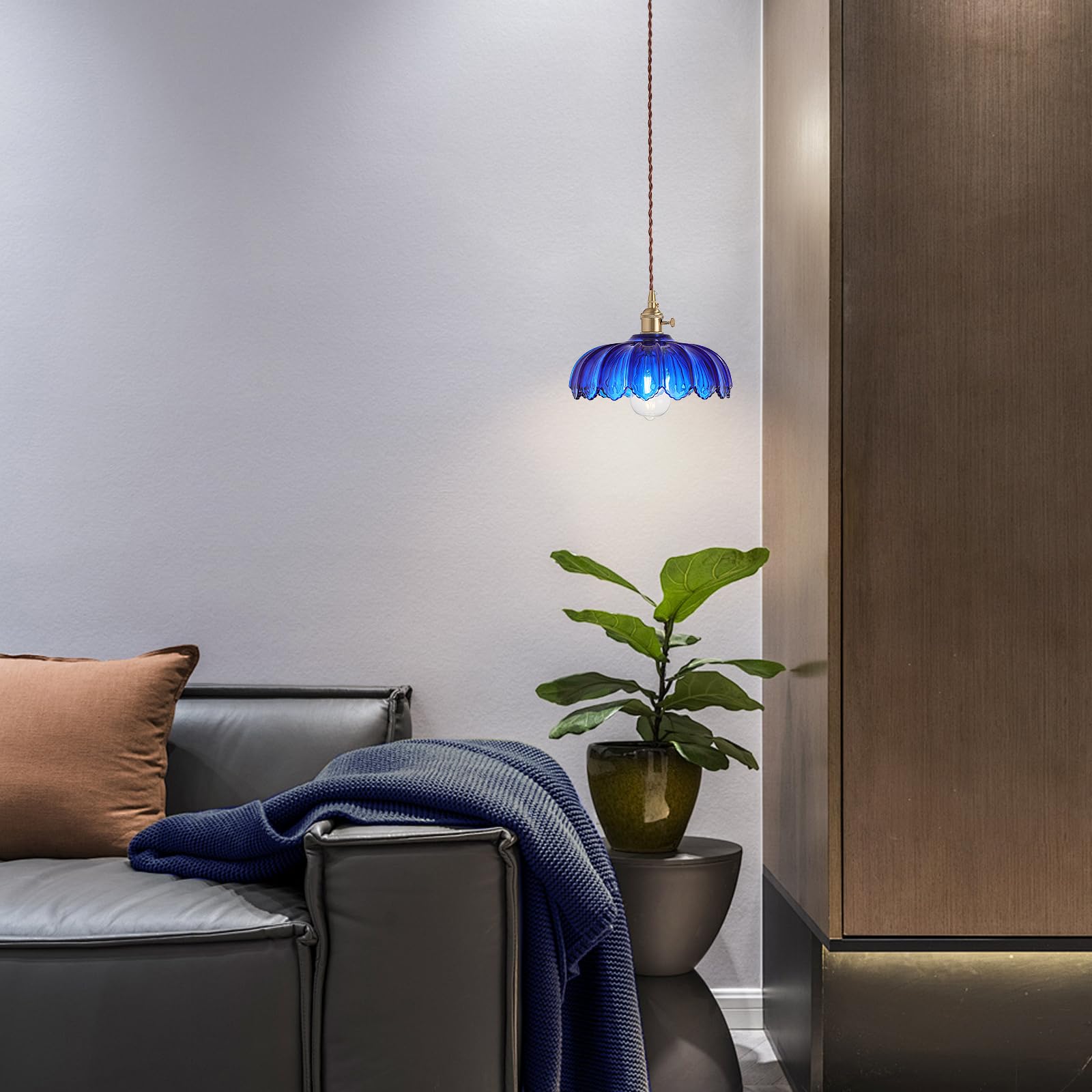 Xzhgcee Plug In Pendant Light: Hanging Light Plug In Fixture Bule Glass Hanging Lamp  Pendant Lighting For Kitchen Island  Bedroom  Dining Room  Living Room  E26 No Bulb