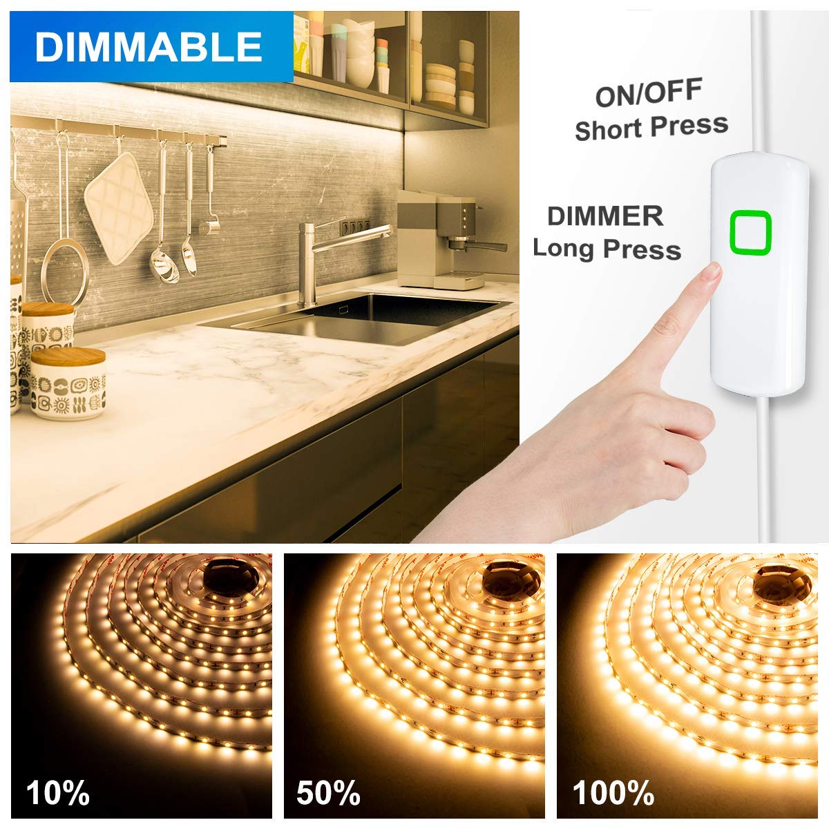 MYPLUS Under Cabinet LED Strip Lights Kit, 16.4FT, Warm White 3000K, Dimmer Control for Kitchen and Home Décor