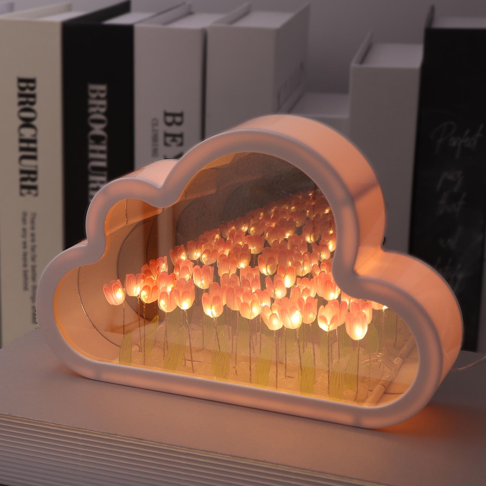 Itownkn Tulip Night Light Mirror Cloud Lights,Simulation Flower Decorative Night Lamp,Livingroom Decor Table Lamp,Children Girl Friends Gift,Atmosphere Decoration Desk Ornament (Pink)