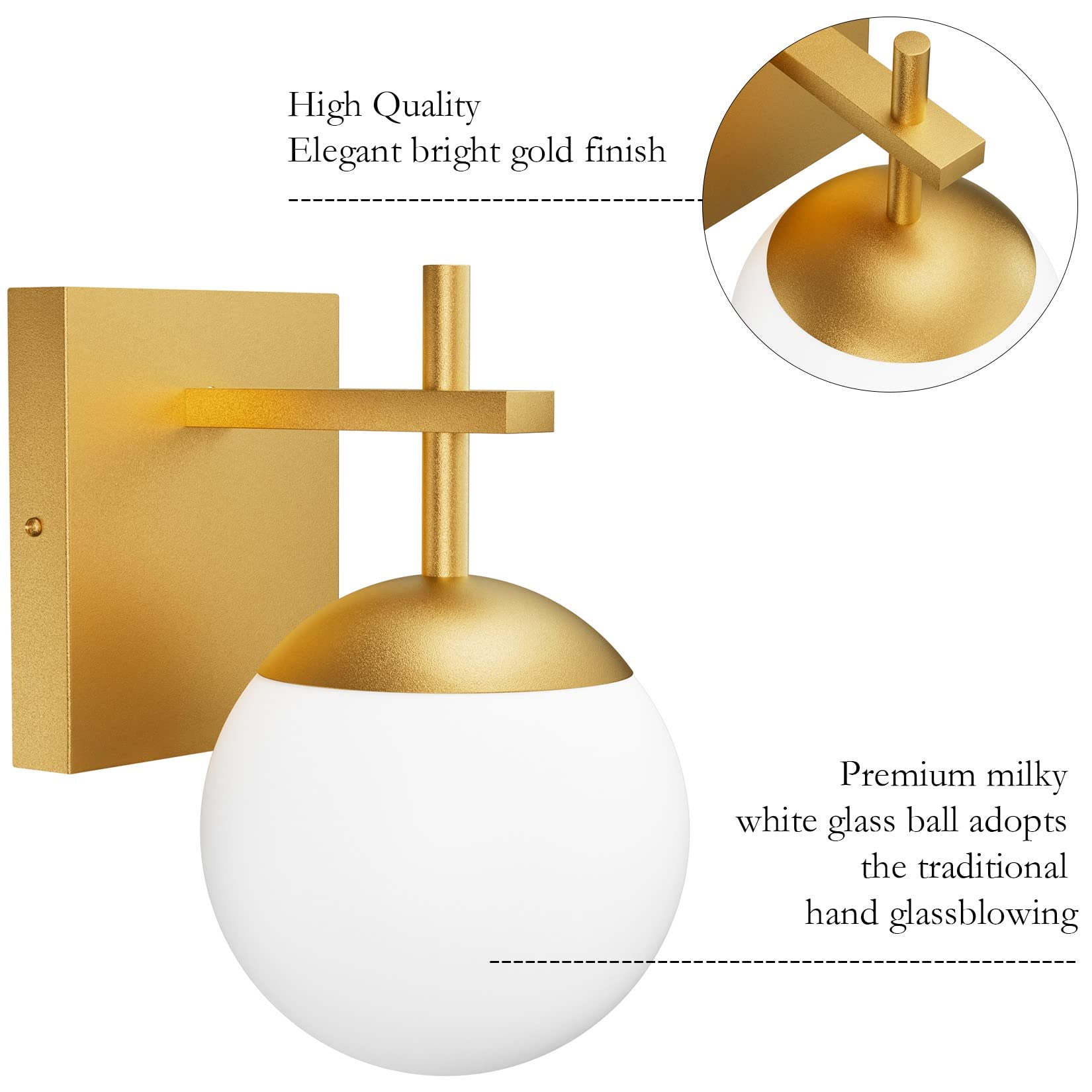 Ralbay Gold Wall Sconce - Mid Century Modern Indoor Light Fixture, 1 Light, Milky Glass For Bathroom, Kitchen, Living Room, Model 1100