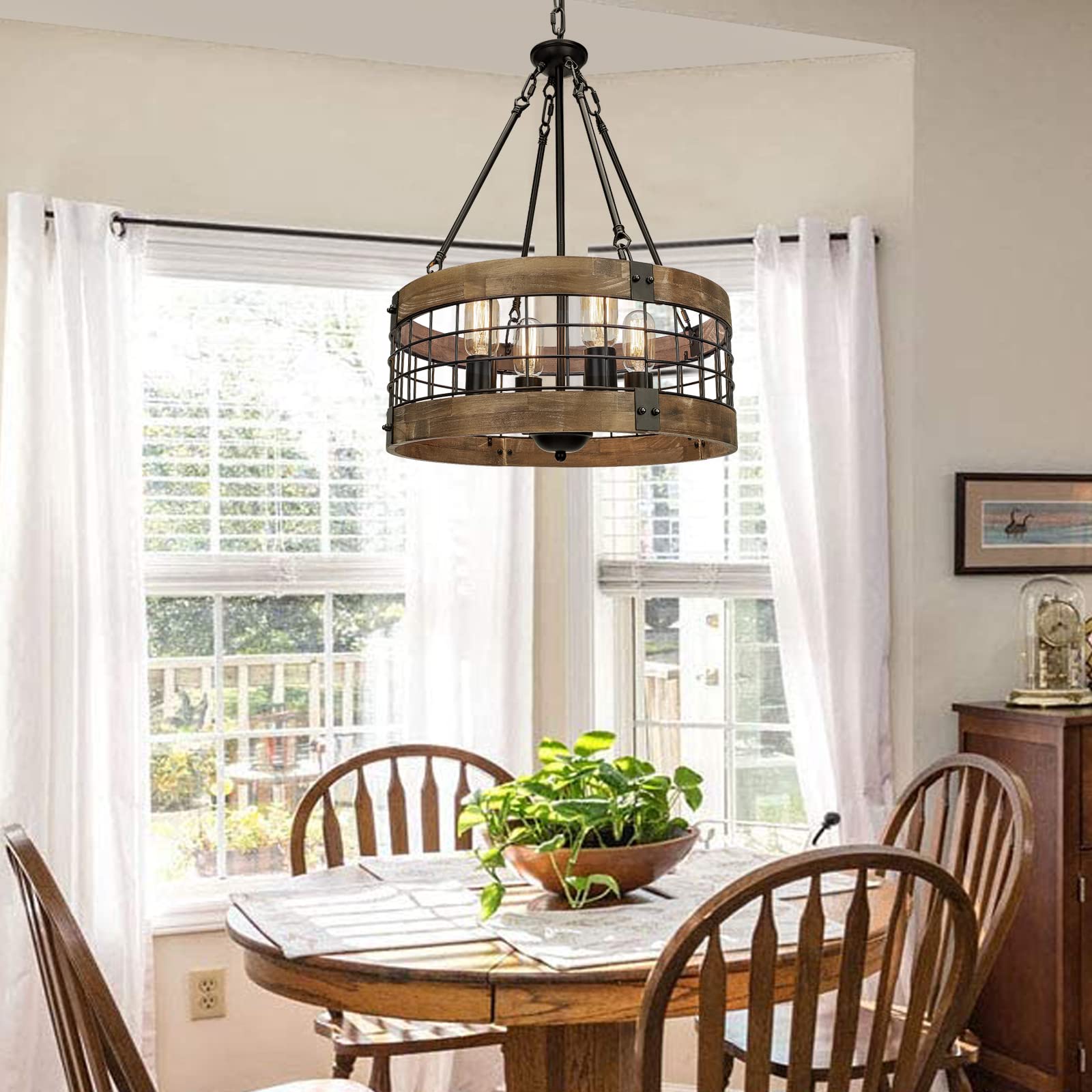 ACNKTZ Rustic Chandelier Light Fixture, 4-Light Pendant, Black Wood, 17.8'' Diameter for Dining Room, Entryway, Kitchen Island