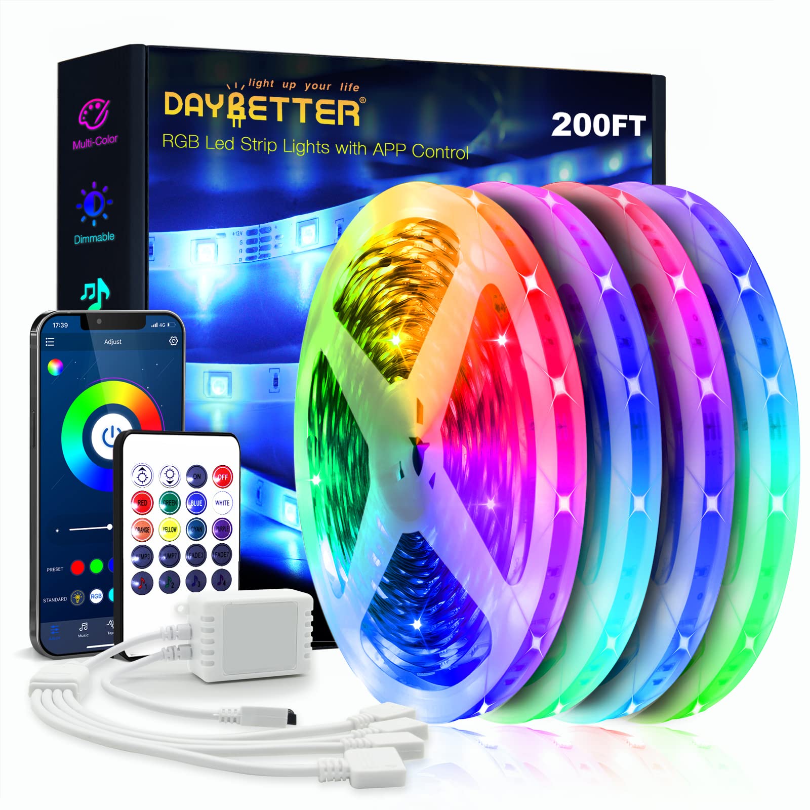 DAYBETTER LED Strip Lights 200ft, 4 Rolls of 50ft, RGB Color Changing, App & Voice Control, Multicolor, Model FLSL5045BMRGBUS