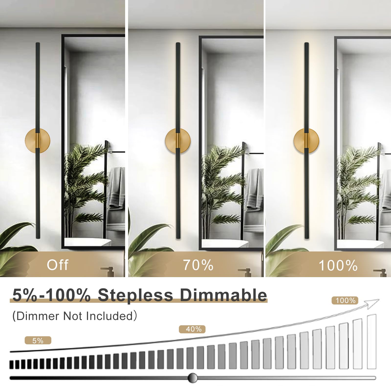 LINSEEDS Gold Bathroom Light Fixtures, 43 Inch, 33W Dimmable 4000K LED Vanity Light Bar, Brushed Gold, Model RD-7516-GD-43