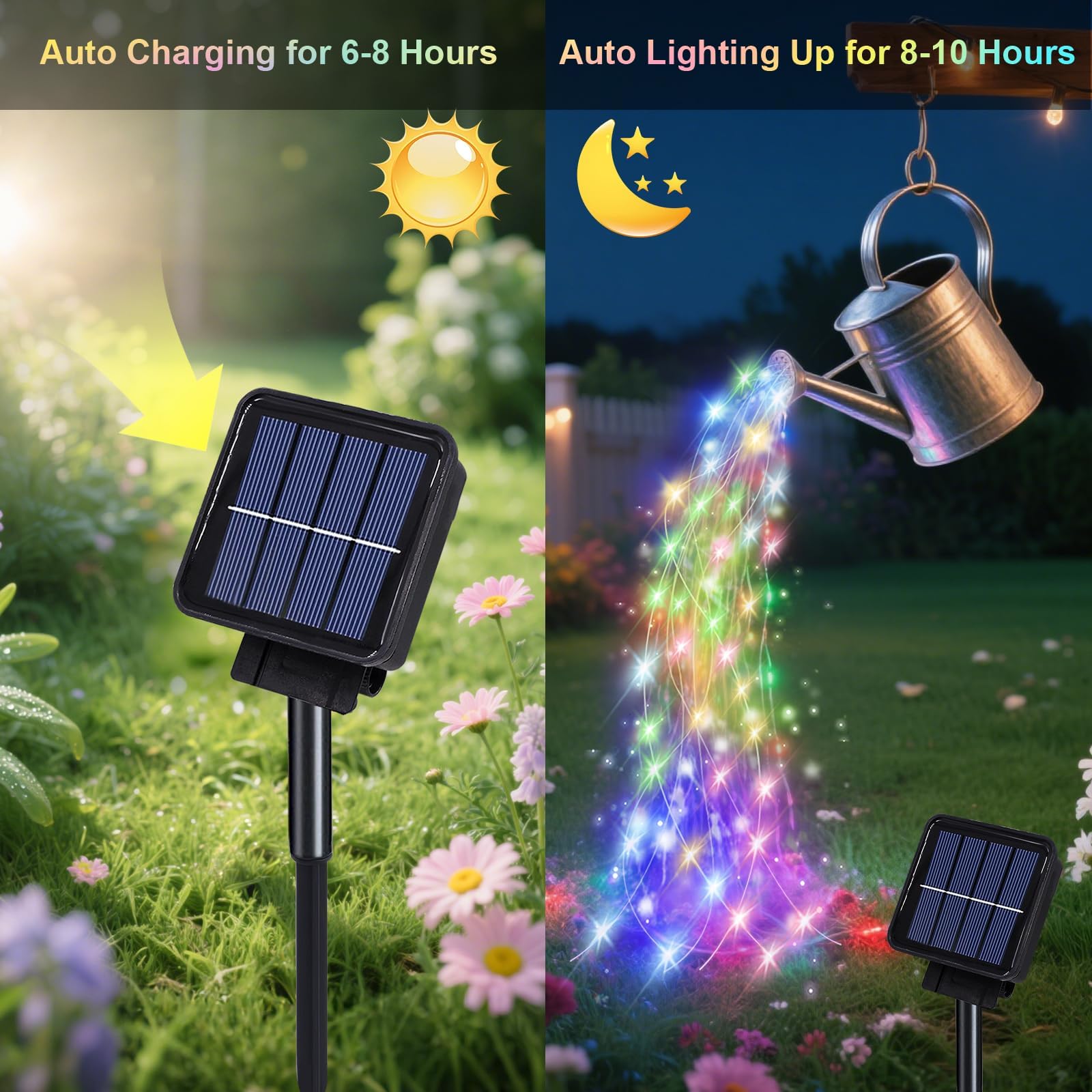 Znycye Solar Waterfall Fairy Bunch Lights Outdoor Waterproof 200Leds 8 Modes Watering Can Light  Multi-Colored Solar Powered String Lights Firefly Vine Christmas Tree Garden Decorations Gifts For Mom
