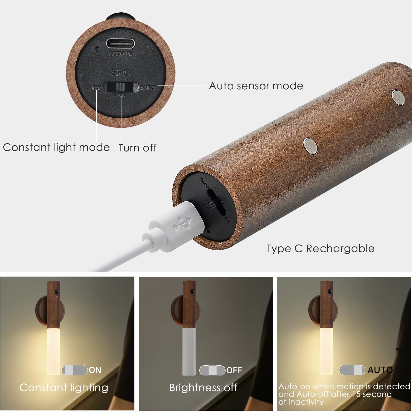 Montford Wall Sconce - Battery Operated Motion Sensor Night Light, Rechargeable, Black Walnut Wood, Model OLDNL001