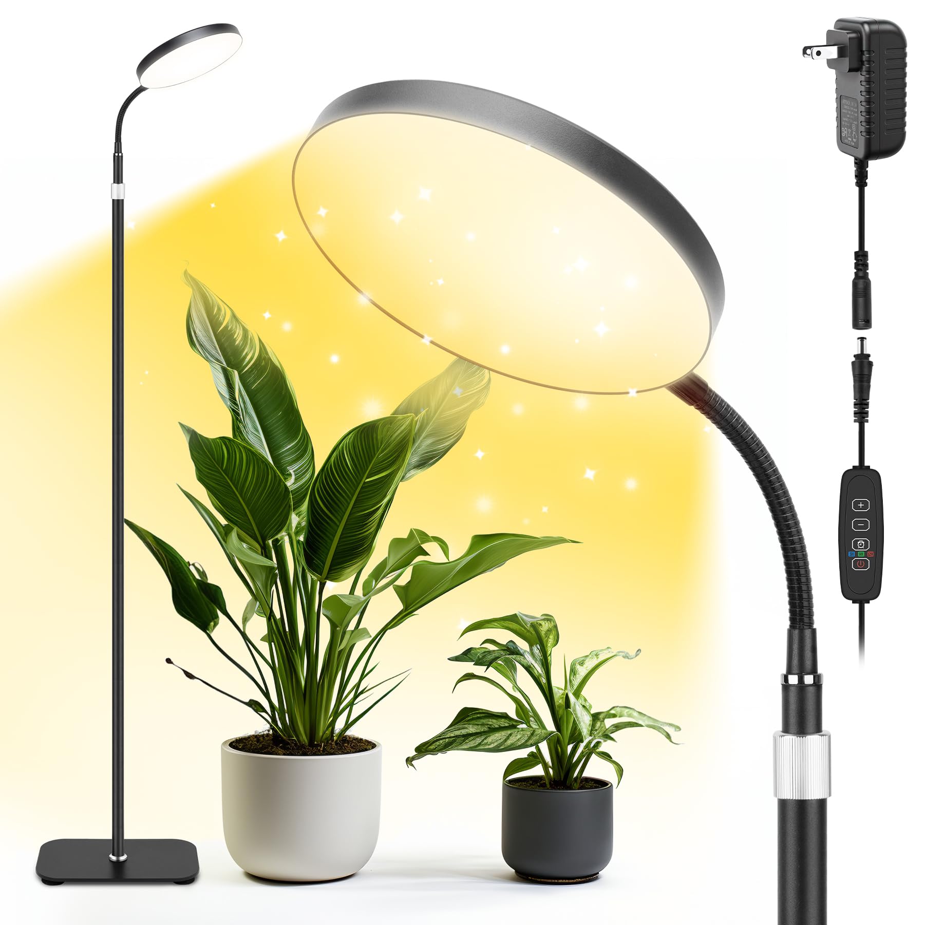 MistyJungle Plant Grow Light, 20W Full Spectrum, 63in Tall Gooseneck Floor Lamp, Black, Aluminum, Model 25PanBlaUS