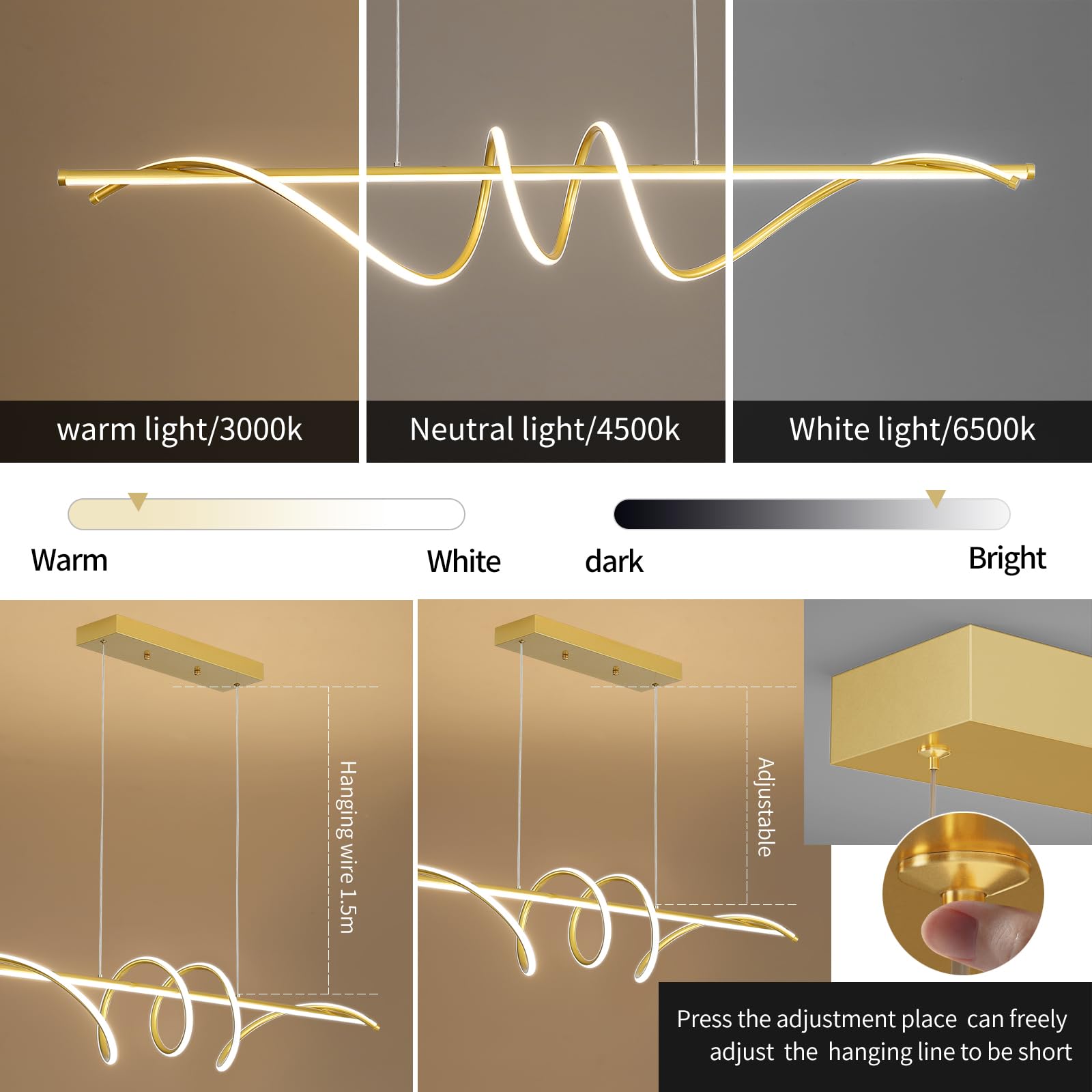 Matven Modern Design Dimmable Desk Linear Pendant Light, Aluminum, 47IN, Gold, Remote Control, 3 Color Modes, Anti-Flicker
