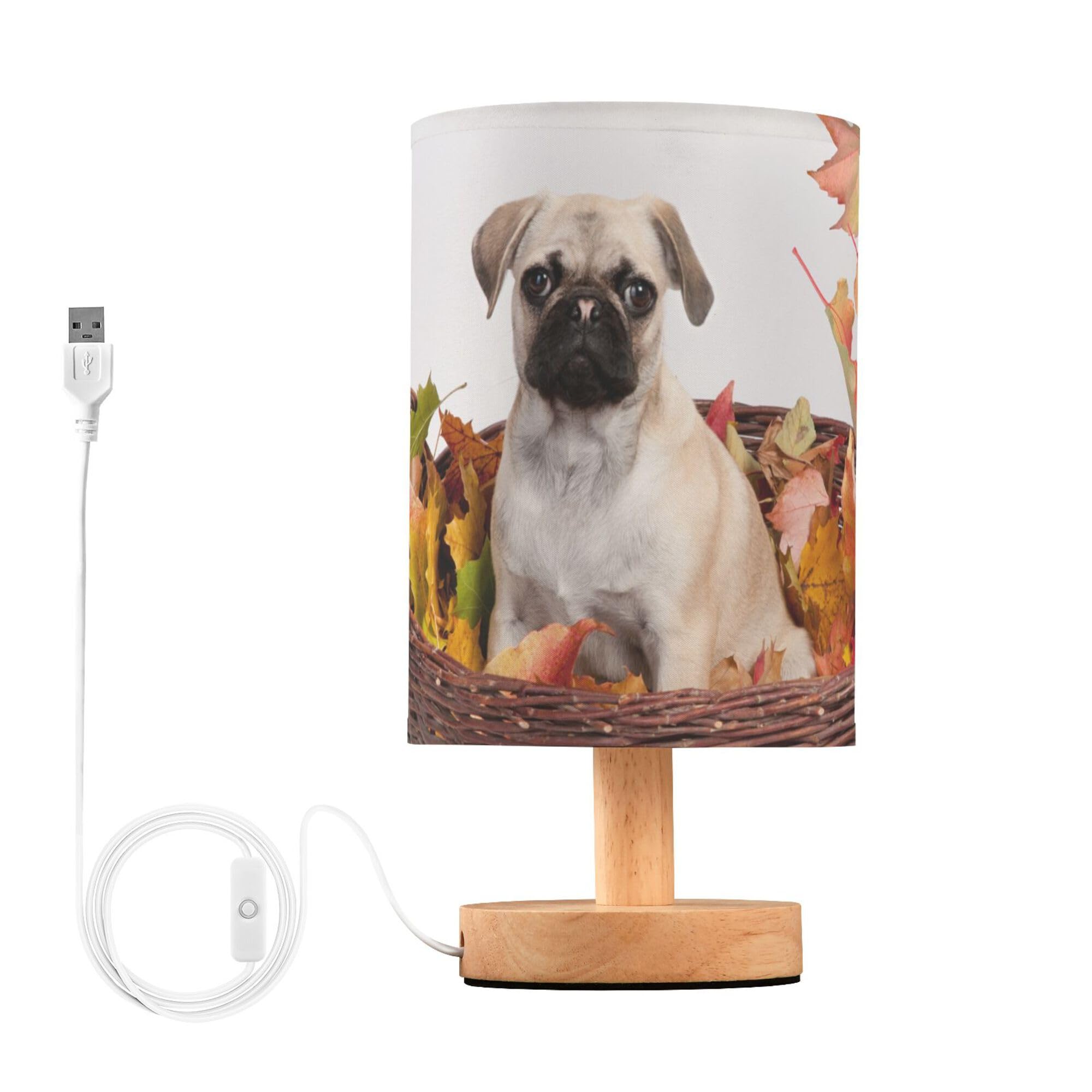 YYZZH Table Lamp Pug Puppy Autumn Maple Leaf Nightstand Lamp with Wood Base Fabric Lamp Shade Bedside Desk Lamp for Living Room 