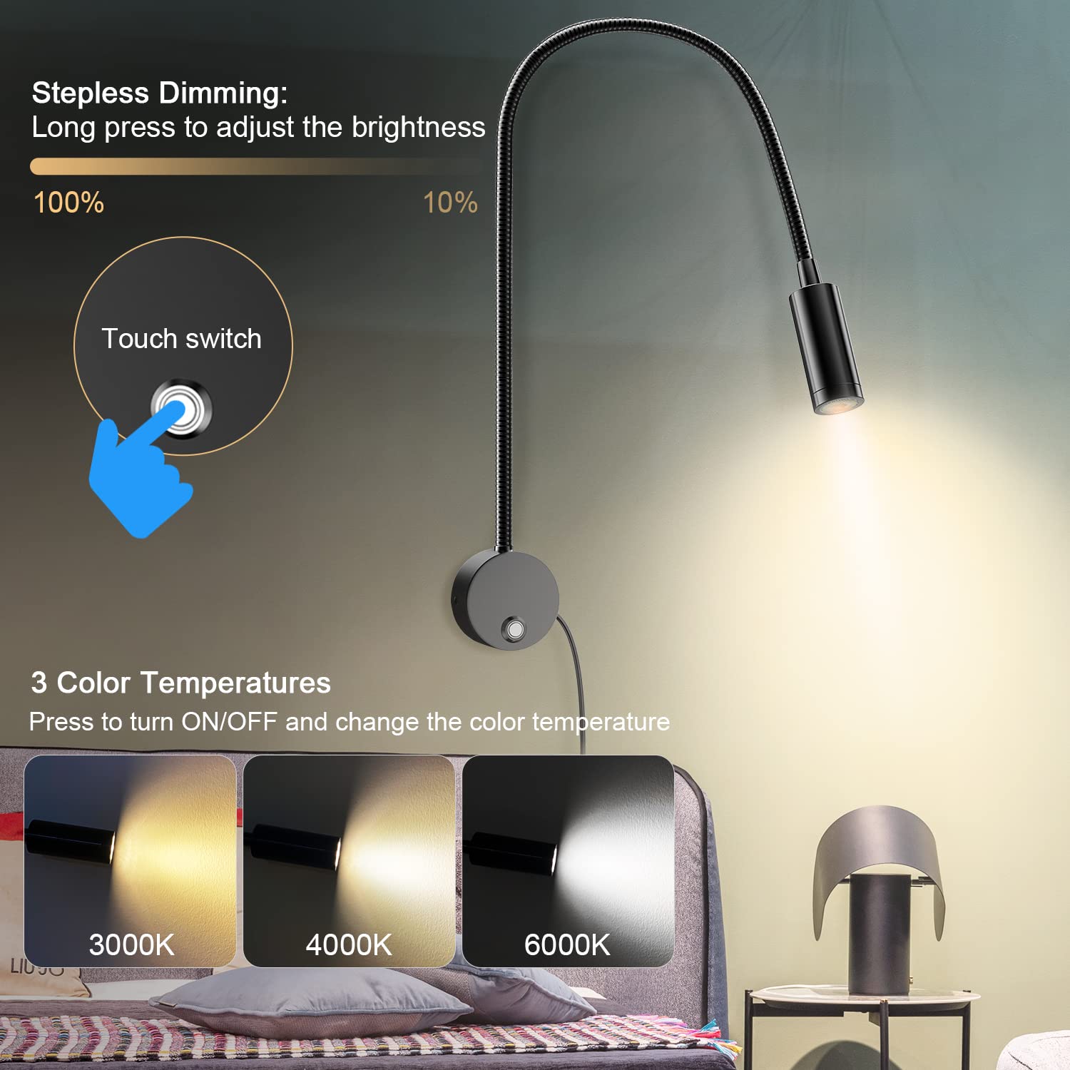 ERAY LED Wall Mount Reading Light, 15in Gooseneck, Dimmable, USB Charging, Aluminum, Black, Model E280-Leselampe