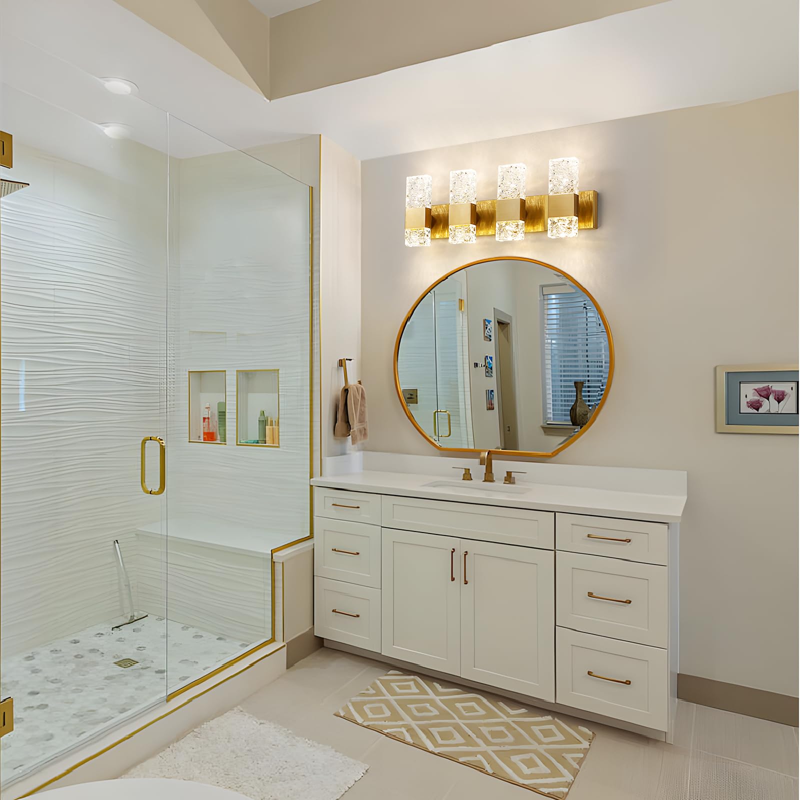 Epinl 4-Light Gold Bathroom Vanity Light Fixtures, Brushed Gold Iron & Crystal Wall Sconces, Model 8013WL-04GD-US, Modern 4000K LED