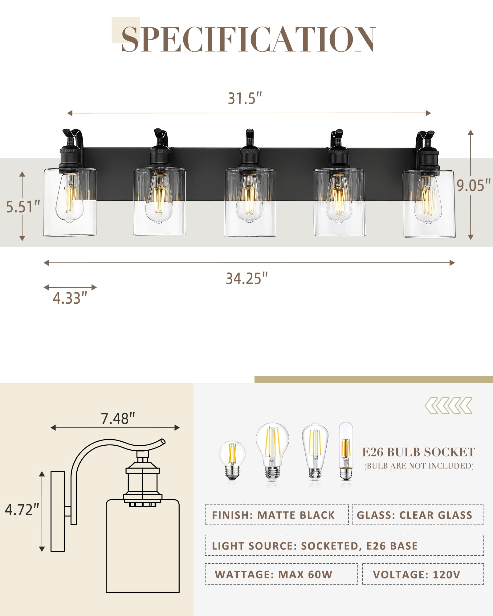 JAZAVA 5-Light Bathroom Vanity Light, Modern Black Wall Sconces with Clear Glass Shade, Model ZCVL01BK-5