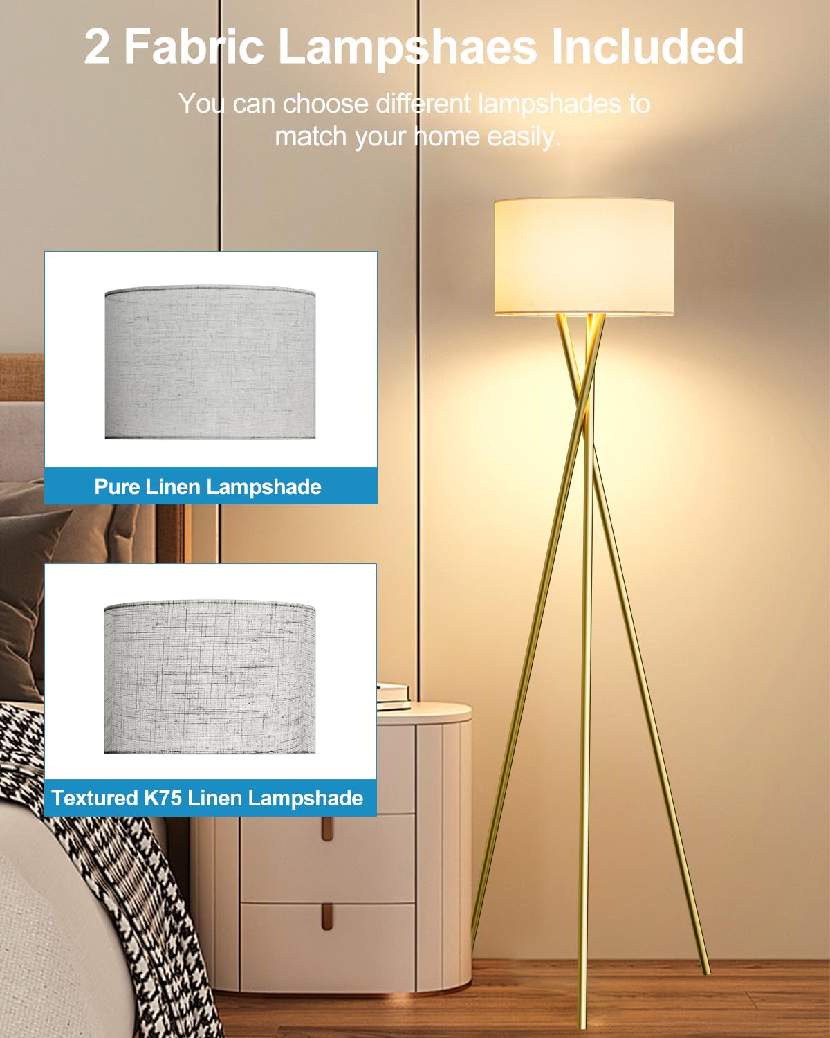 Lightdot Gold Tripod Floor Lamp, Modern Standing Lamp with Linen Shade, E26 Bulb Included, 66in Tall, Model YRFLL-E26XX-66