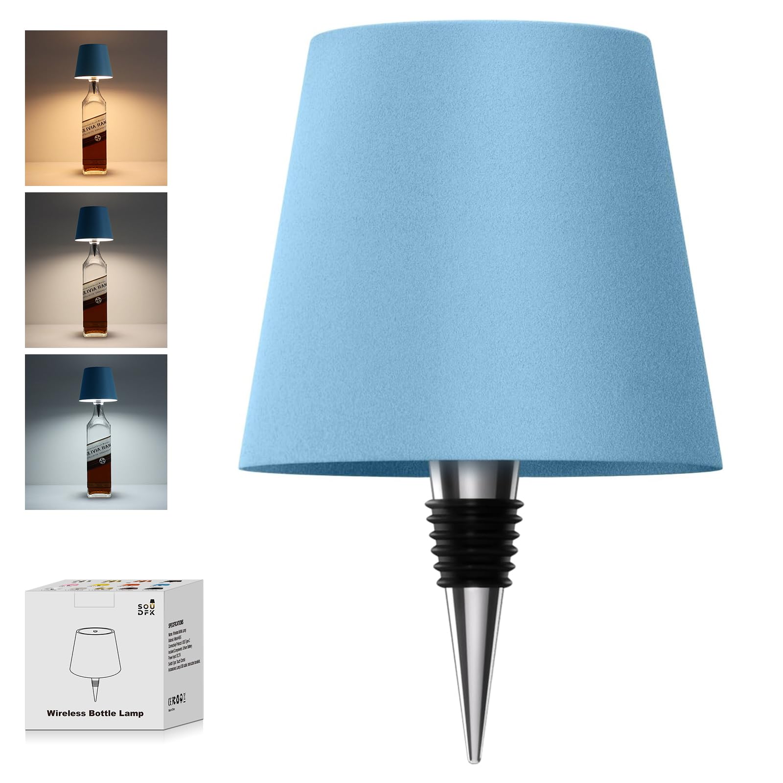 SOUDFK Wireless Bottle Lamp, 2025 New 3 Color Rechargeable Wine Bottle Lights for Bars Restaurants (Blue, 1PC)