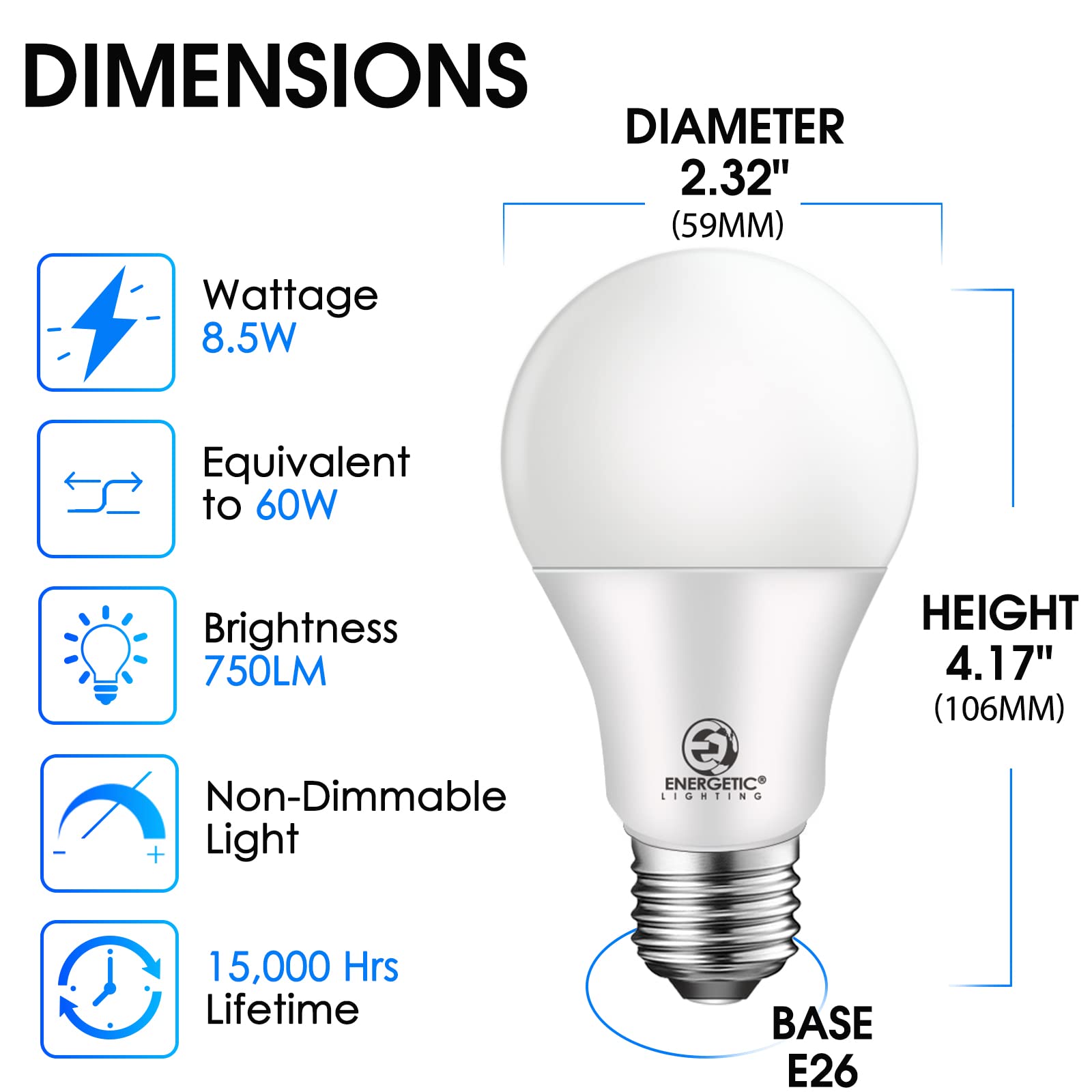 Energetic Smarter Lighting 24-Pack A19 Led Light Bulbs 60 Watt Equivalent, Cool White 4000K, E26 Medium Base, Non-Dimmable Led L