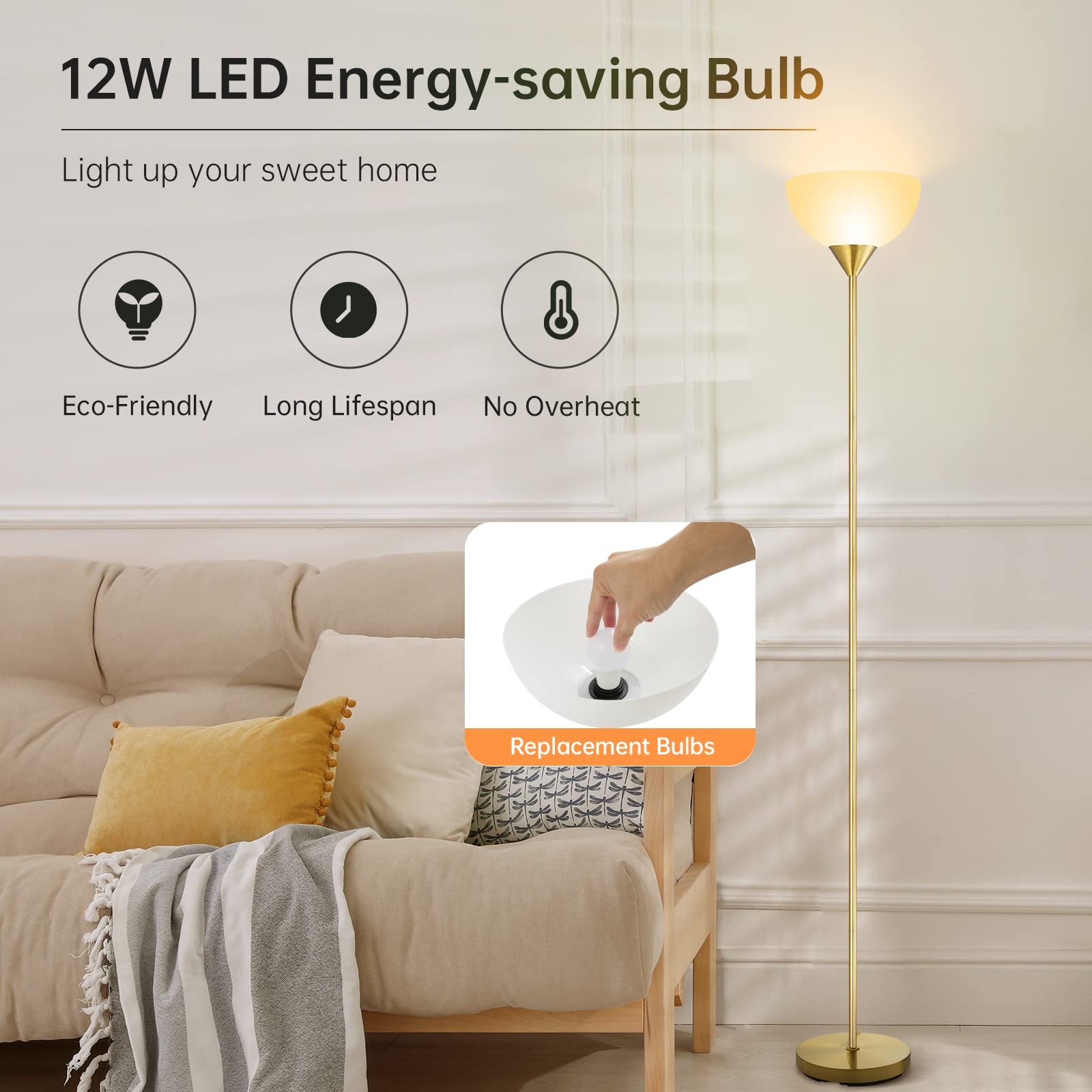 BoostArea Floor Lamp, 12W LED, 70.1·Tall, Eye-Caring, Gold, Glass/Metal/Plastic/Porcelain, Torchiere for Bedroom/Living Room/