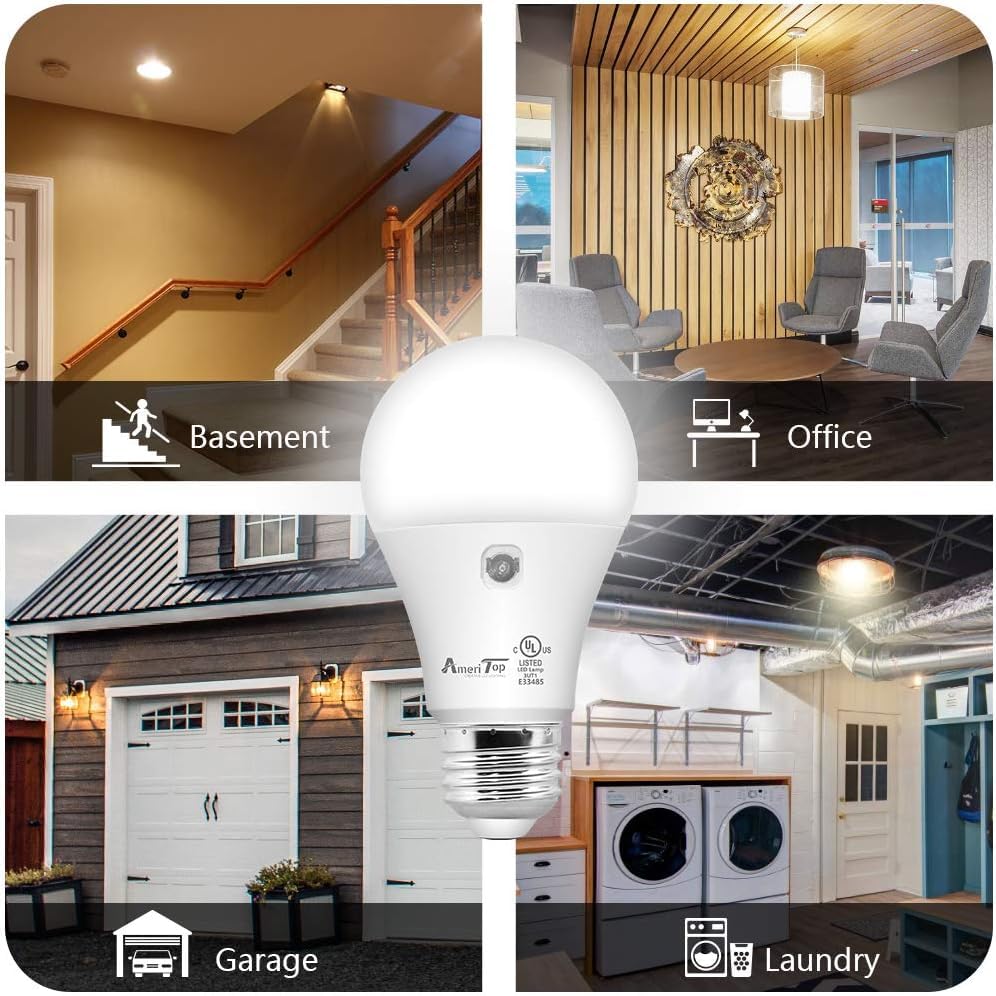 Ameritop Dusk To Dawn Light Bulb- 4 Pack, A19 Led Sensor Light Bulbs; Ul Listed, Automatic On/Off, 800 Lumen, 10W(60 Watt Equivalent), E26 Base, Indoor/Outdoor Lighting Bulb (5000K Daylight)