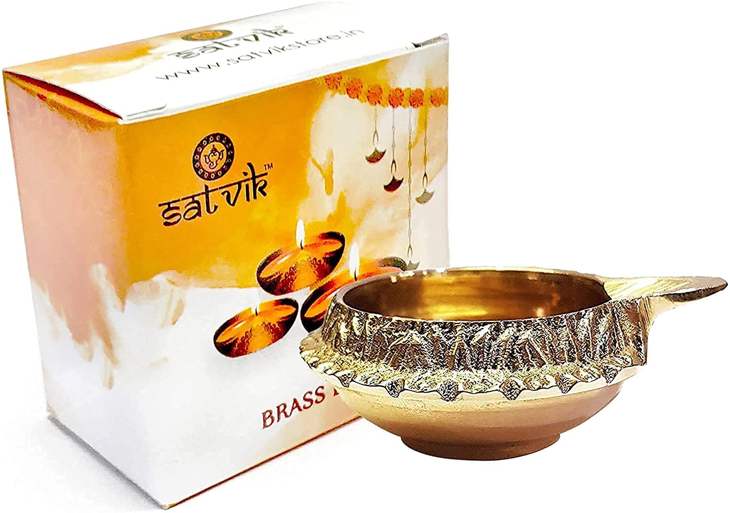 SATVIK 4 Pc Kuber Diya for Diwali Decoration. Handmade Oil Lamp Golden Engraved Made of Virgin Brass Metal Vilakku for Puja Pooj