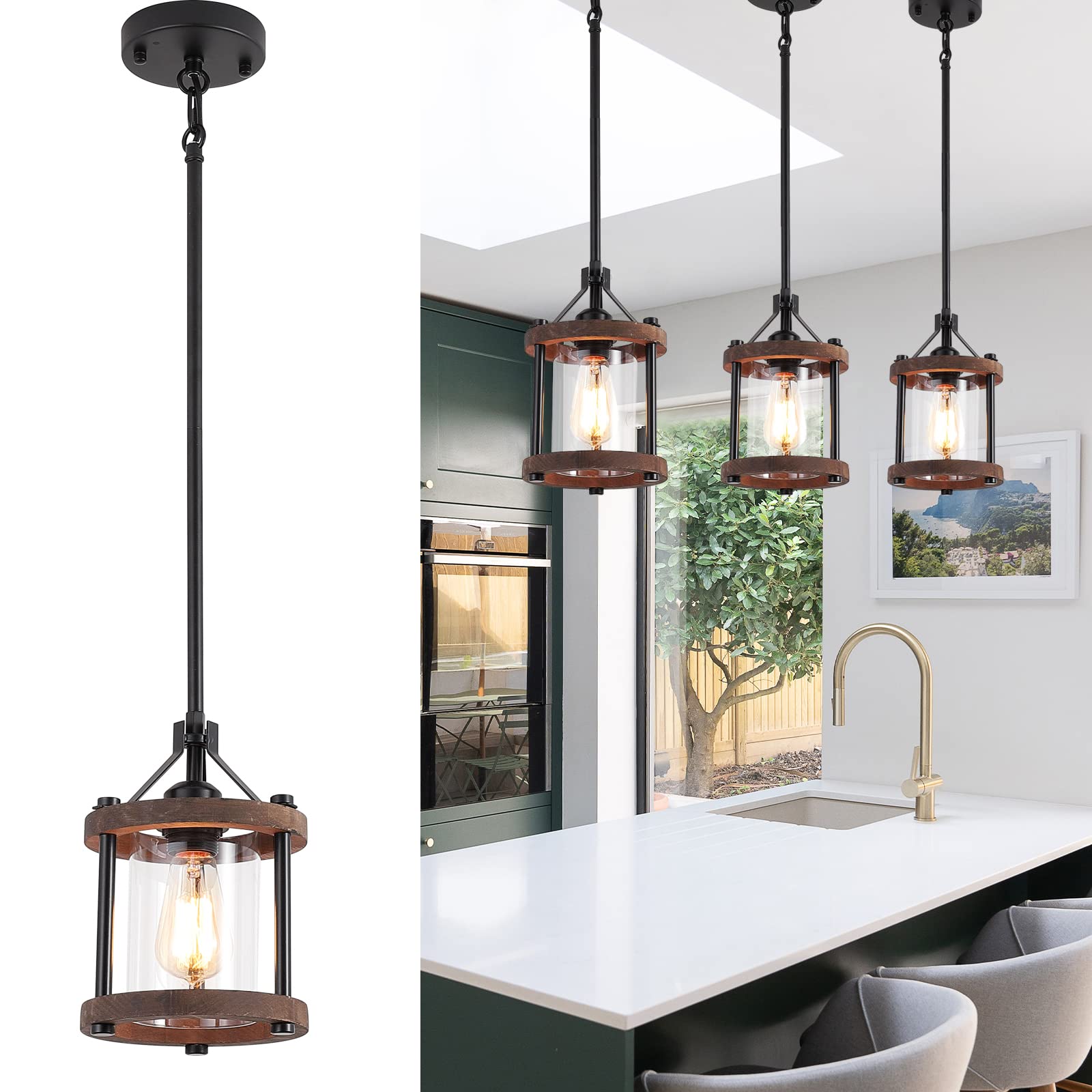 SGLfarmty Farmhouse Pendent Lights in Kitchen Island, Rustic Wood Pendant Light with Glass Shade, Bronze Entryway Pendant Lighti