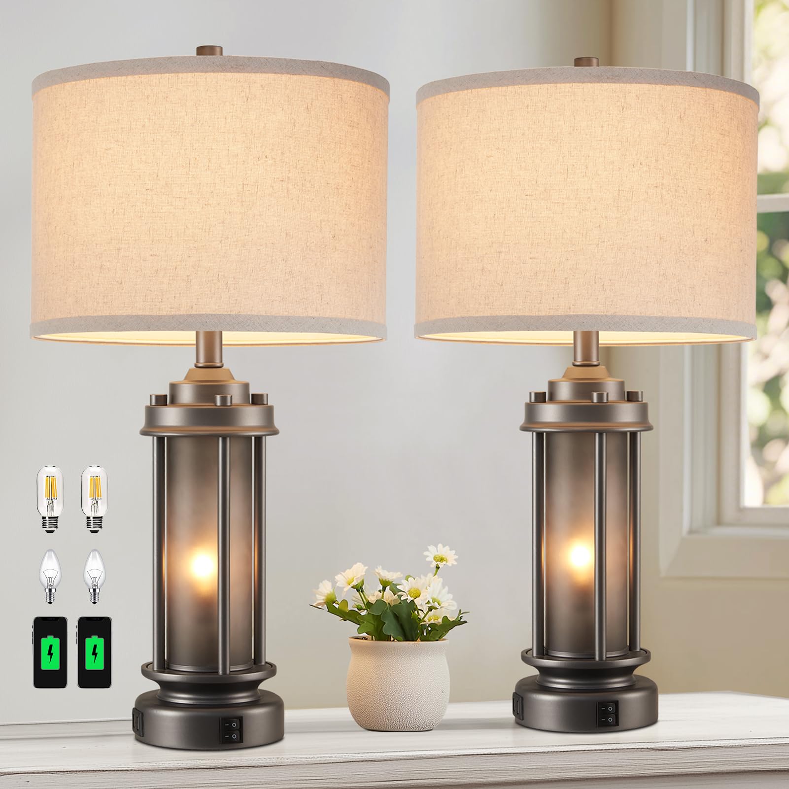 Aieampdo Industrial Metal Table Lamps Set Of 2 Living Room Bedroom, 2 Usb Ports Bedside Lamp With Glass Nightlight, Modern Desk 