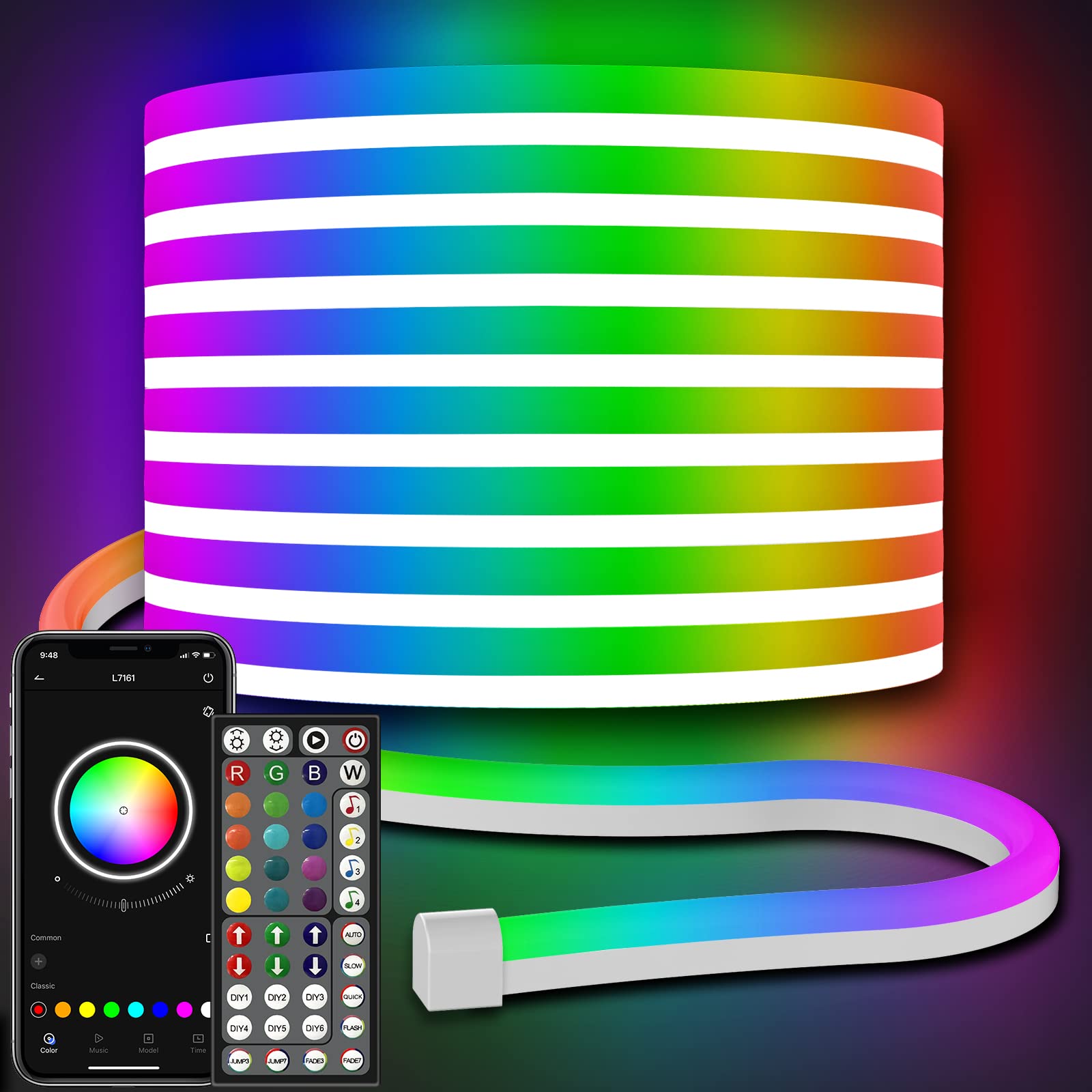 AILBTON Neon Rope Lights, 32.8FT RGB LED, Flexible, App/Remote Control, Waterproof, Music Sync, Model 150FT Led Neon BT1