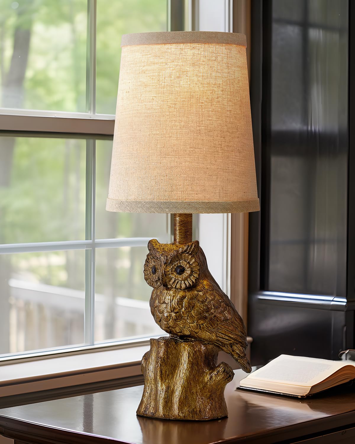 G-SAFAVA Small Table Lamp - 14.25" Gold Owl Design, Rustic Resin, Perfect for Living Room & Bedroom Nightstand