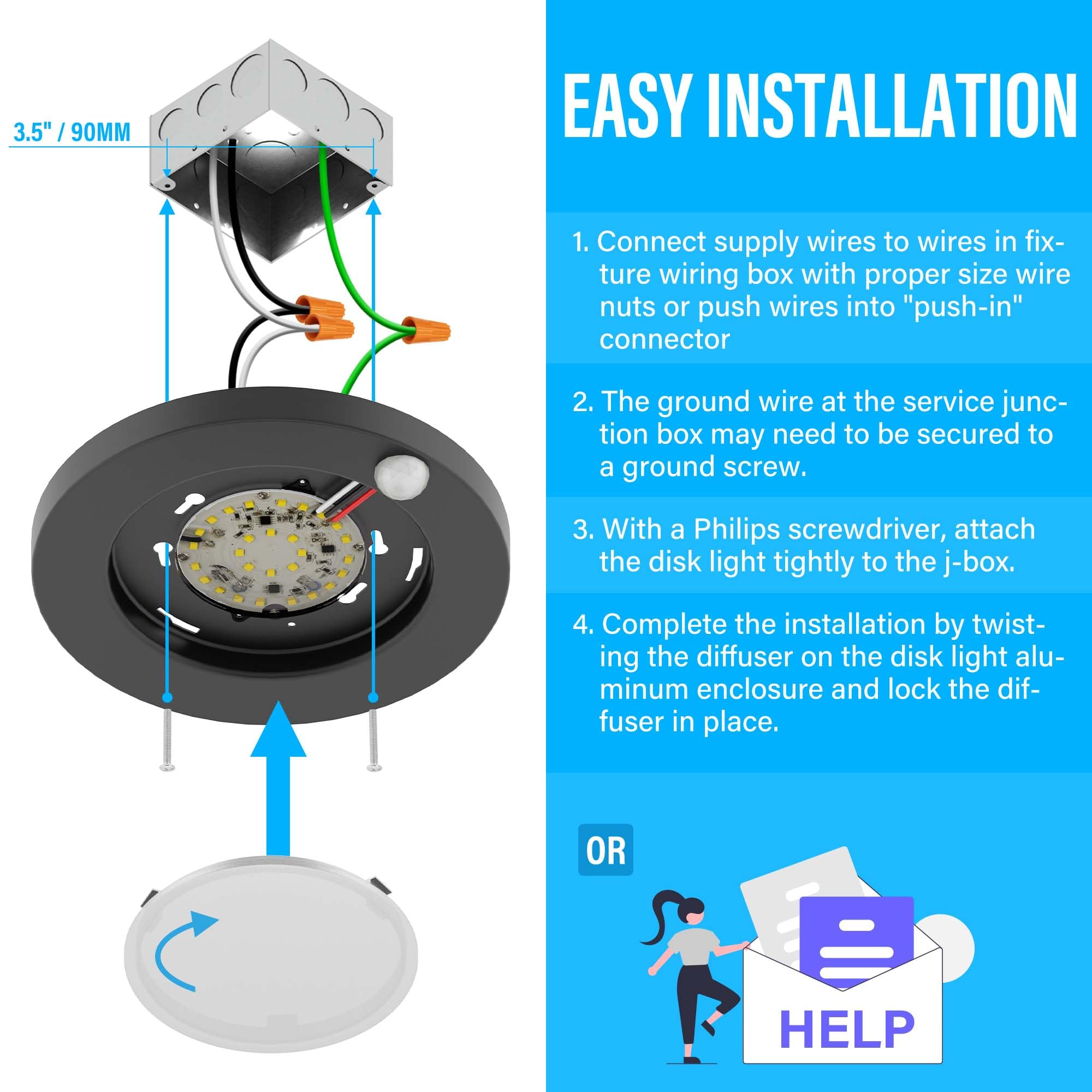 Zago 6'' 120 Volts Closet Light Wired, Black Pir Motion Sensor Ceiling Disc Light, 15 Watts, 1100 Lumens, Cri>80, 5000K Daylight