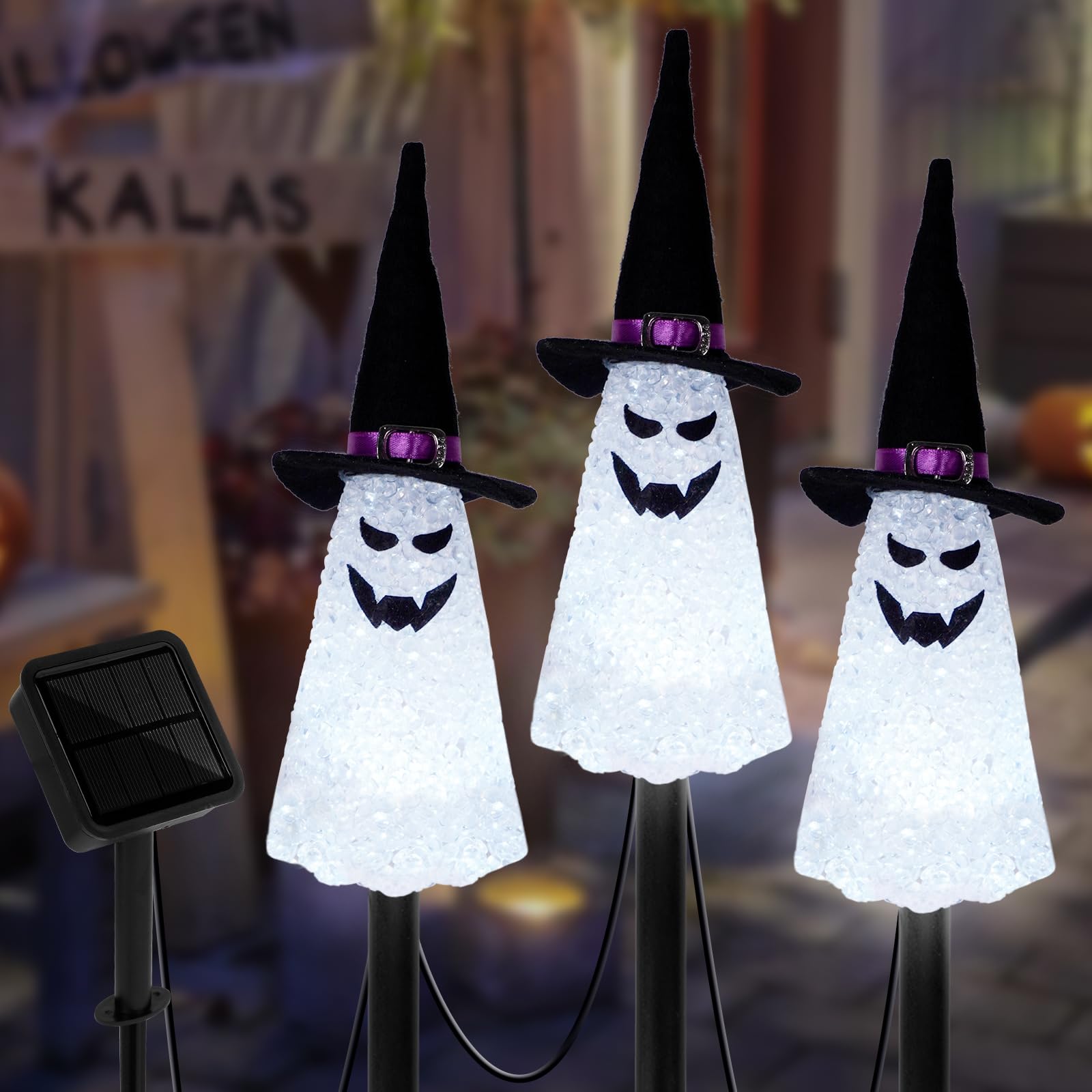 LIGHTSHINE 3PCS Ghost Solar Halloween Decorations, Solar Landscape Pathway Lights,Solar Halloween Garden Stakes Lights, Outdoor Halloween Lights Decor for Yard, Patio, Porch (White)