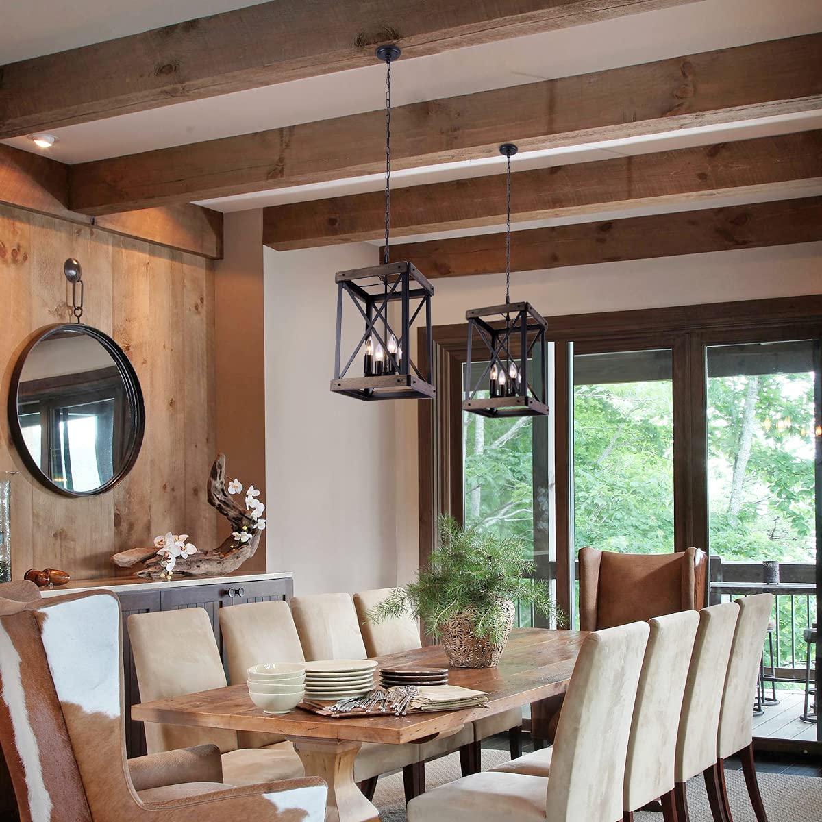 VILUXY Farmhouse Pendant Light Fixture, 4-Light Rustic Wood Grain Metal Hanging Lamp for Kitchen, Dining Room, Hallway, Entryway