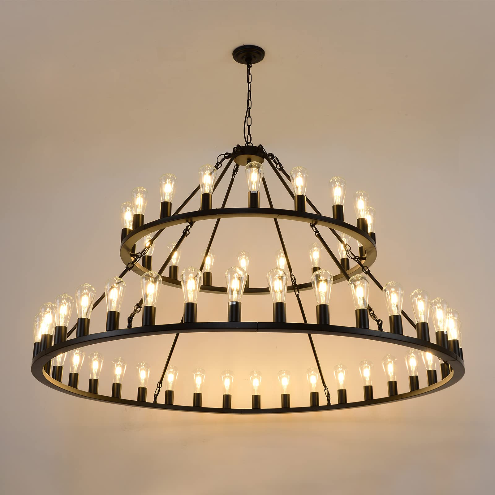 WOGON WEEL Wagon Wheel Chandelier 2 Tier 54-Light 60-inch, Farmhouse Industrial Chandelier Black Rustic Pendant Light Fixture Ex