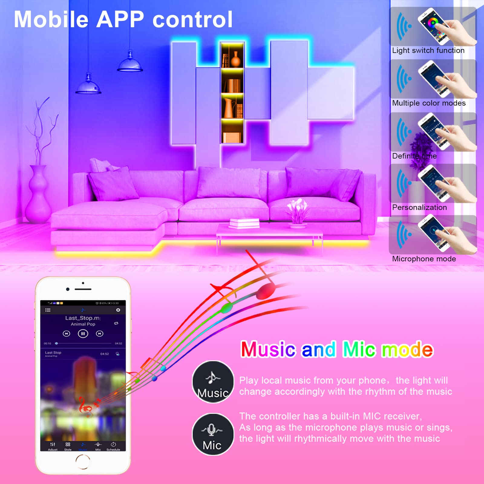 Led Strip Lights 100Ft, Smart Light Lights With Bluetooth And App Control,Multicolor Rgb Led Light Strips,Music Sync Color Chang