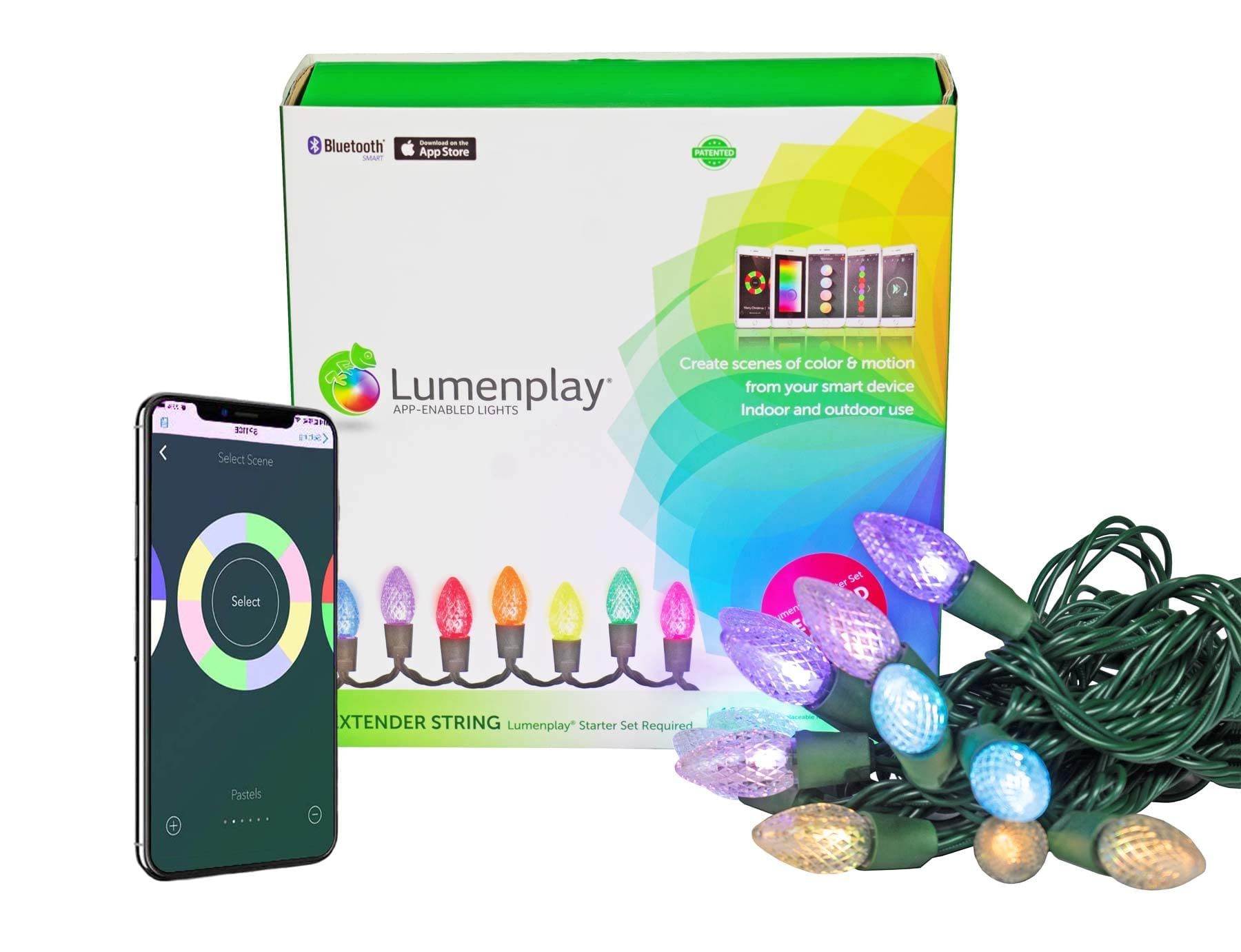 LumenPlay 1101950 App-Enabled Lights, C7 Extender String with 12 RGB LED Lights and Green Wire