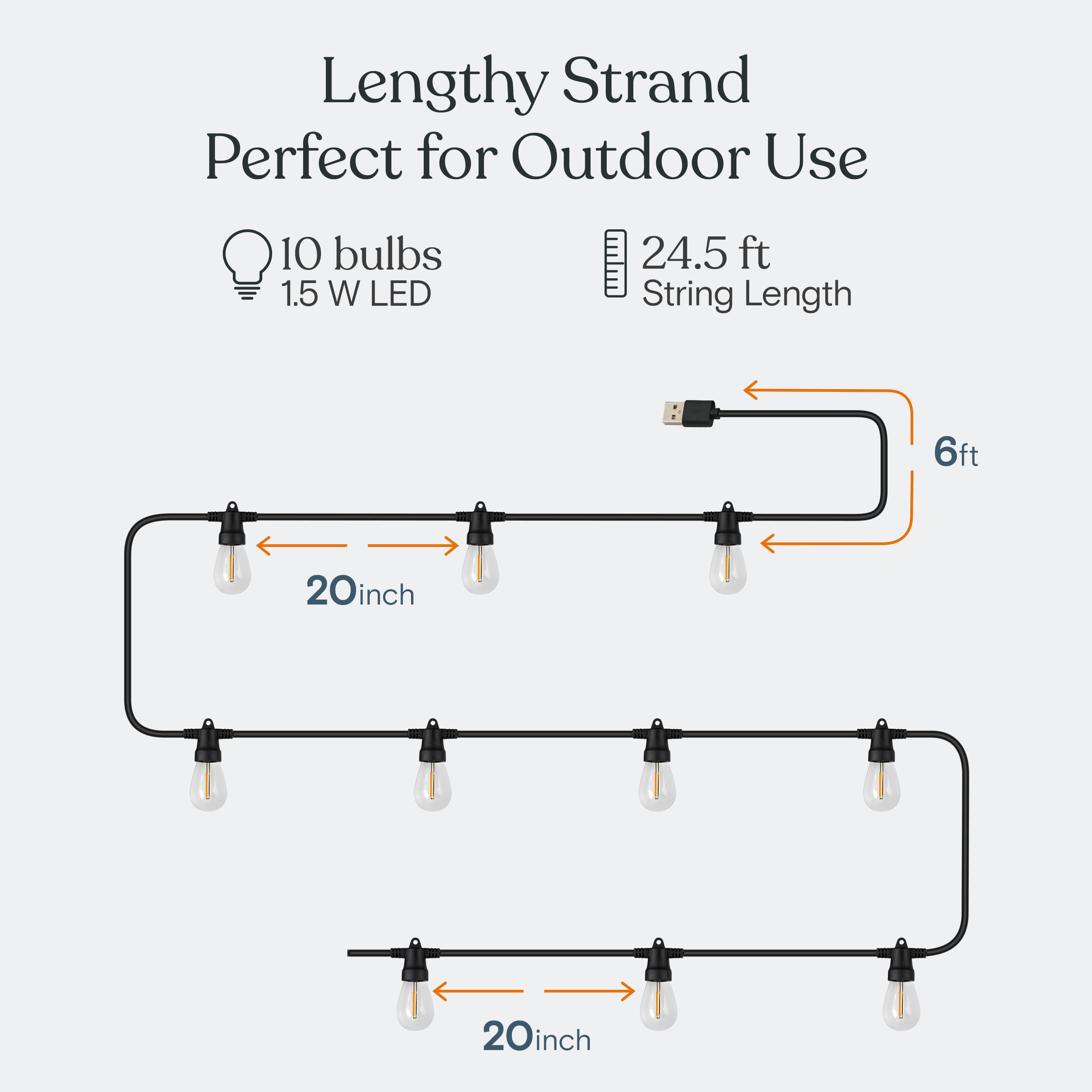 Brightech Ambience Pro String Lights - 24 Ft Waterproof Outdoor Lights - Shatterproof - 3000K Soft White - USB Powered