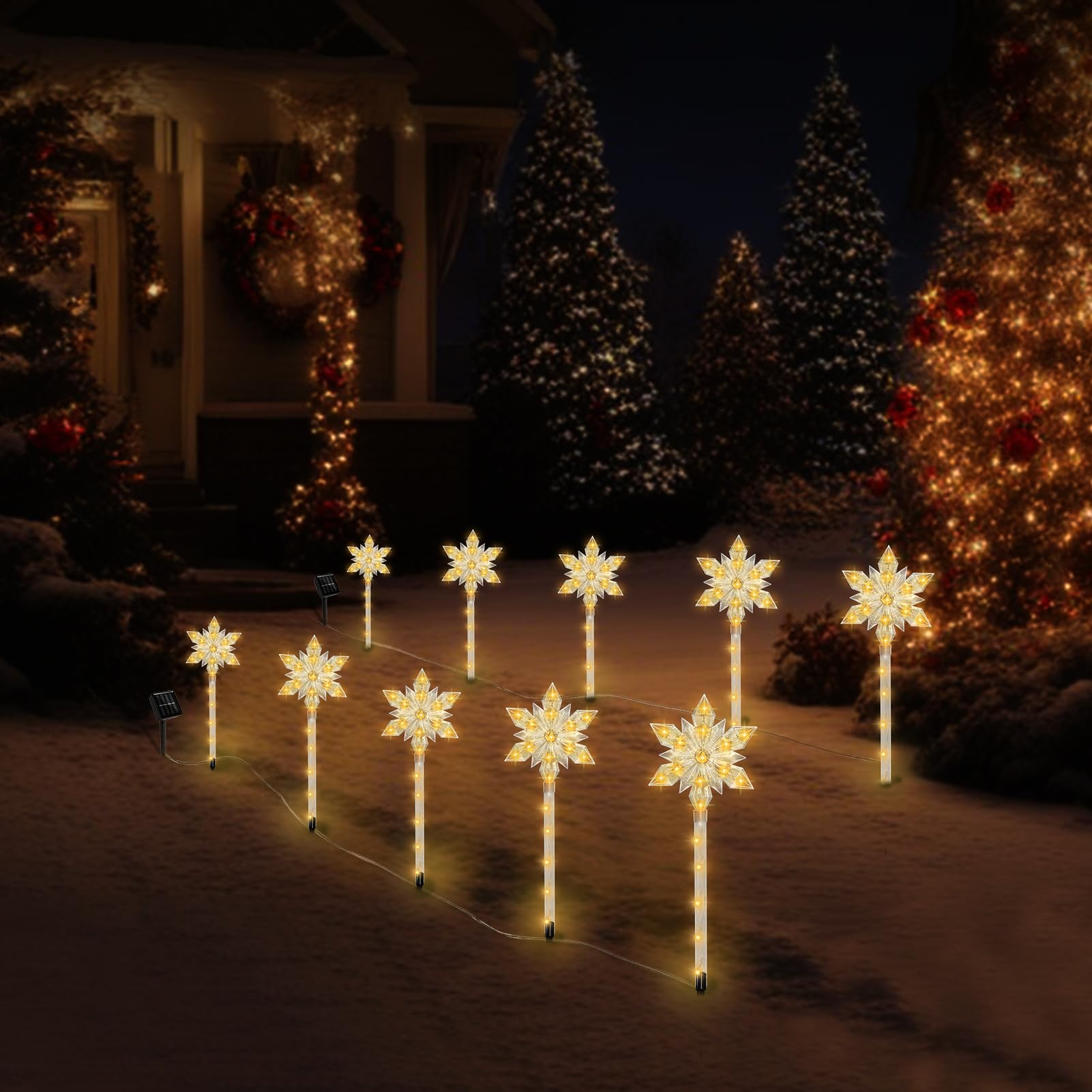 VOGVOG Snowflake Solar Christmas Pathway Lights, 10pcs LED Waterproof Outdoor Decor, Warm White