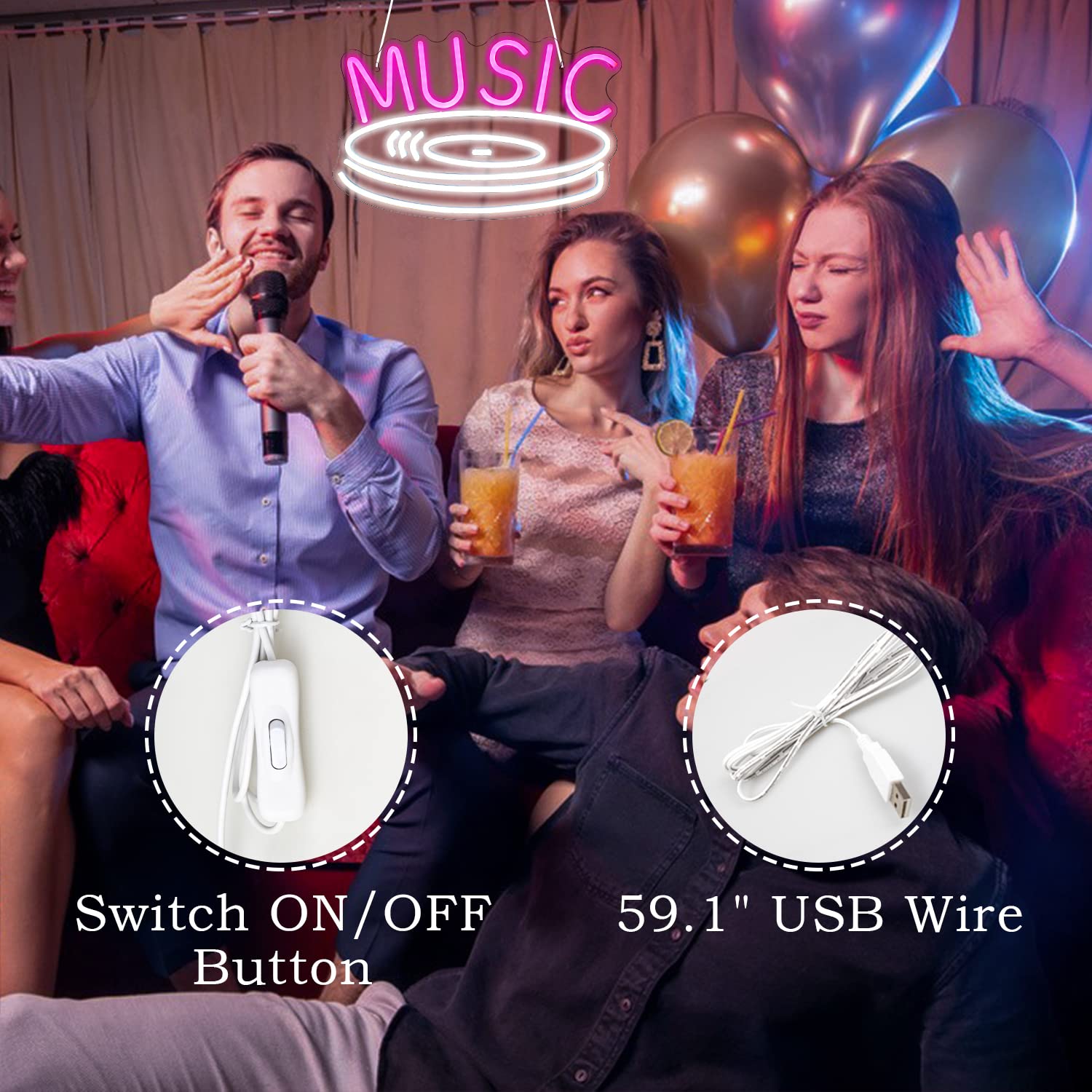 FAXFSIGN Neon Music Record Sign - Pink White LED Light for Wall Decor, Acrylic, Colorful, Ideal for Bedroom, Studio, Kids Room, Party