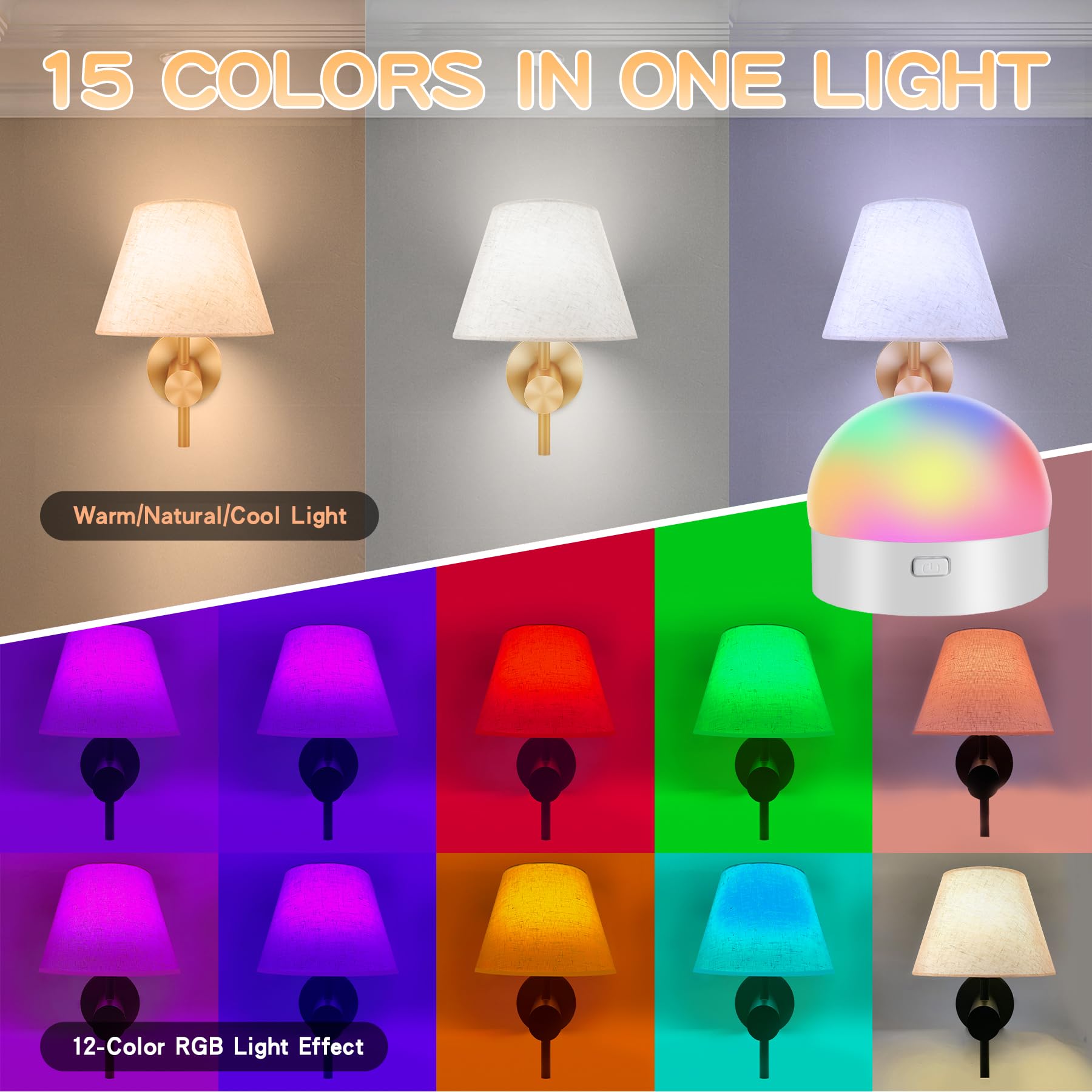 Starmoitic Battery Operated Wall Sconces Set Of 2, Gold Rechargeable Rgb Wall Lights With Dimmable Magnetic Bulbs & Remote,15 Co