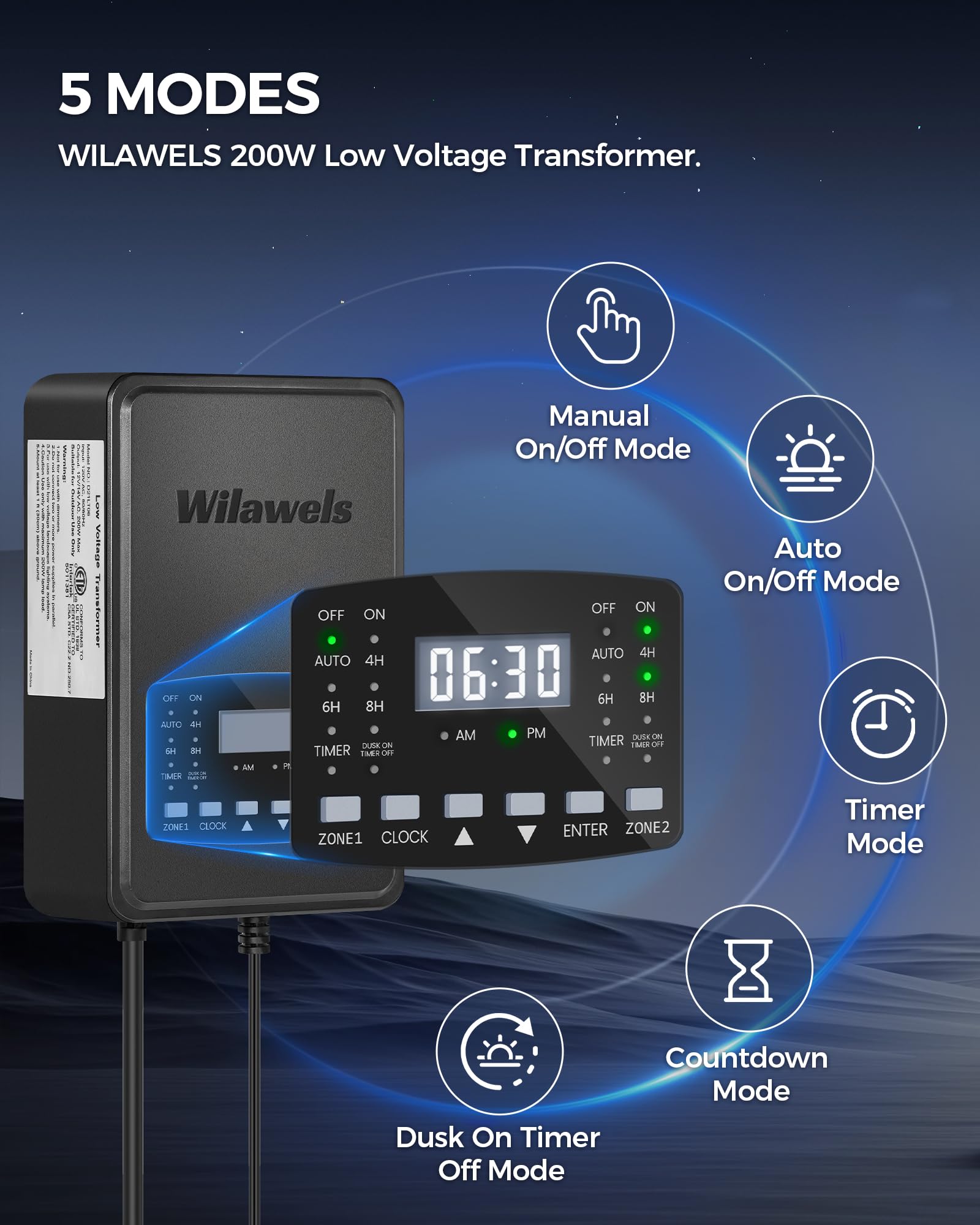 Wilawels 200W Low Voltage Landscape Transformer, 2 Zone Independent Control, Landscape Lighting Transformer, 120V Ac To 12/14V A