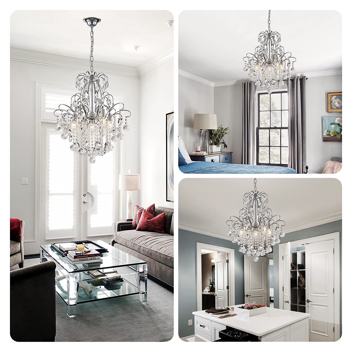 Wuzups 5-Light Crystal Chandelier Pendant Light, Modern Chrome Fixture For Bedroom & Kitchen