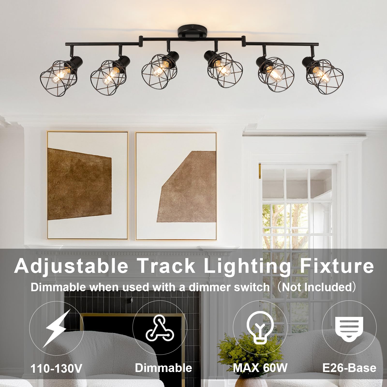 Wilon 6 Light Track Lighting Kit 6 Way Ceiling Spotlight-Industrial Flush Mount Ceiling Light Black Kitchen Ceiling Light Fixtures Kitchen Track Lighting Flexibly Rotatable Light Head E26 Base
