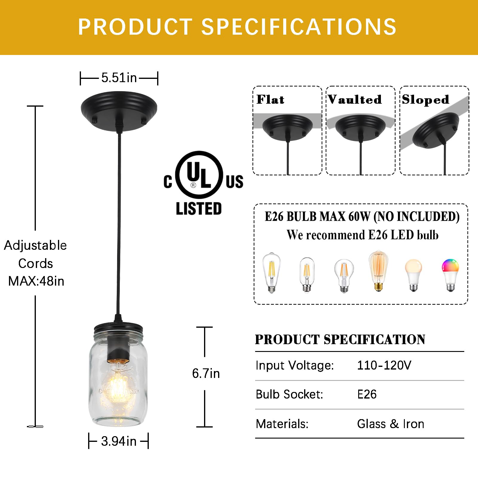 UShe DHome Glass Pendant Light Fixture, 1-Light Black with Clear Glass Shade, D 3.5in for Kitchen, Dining Room, Hallway