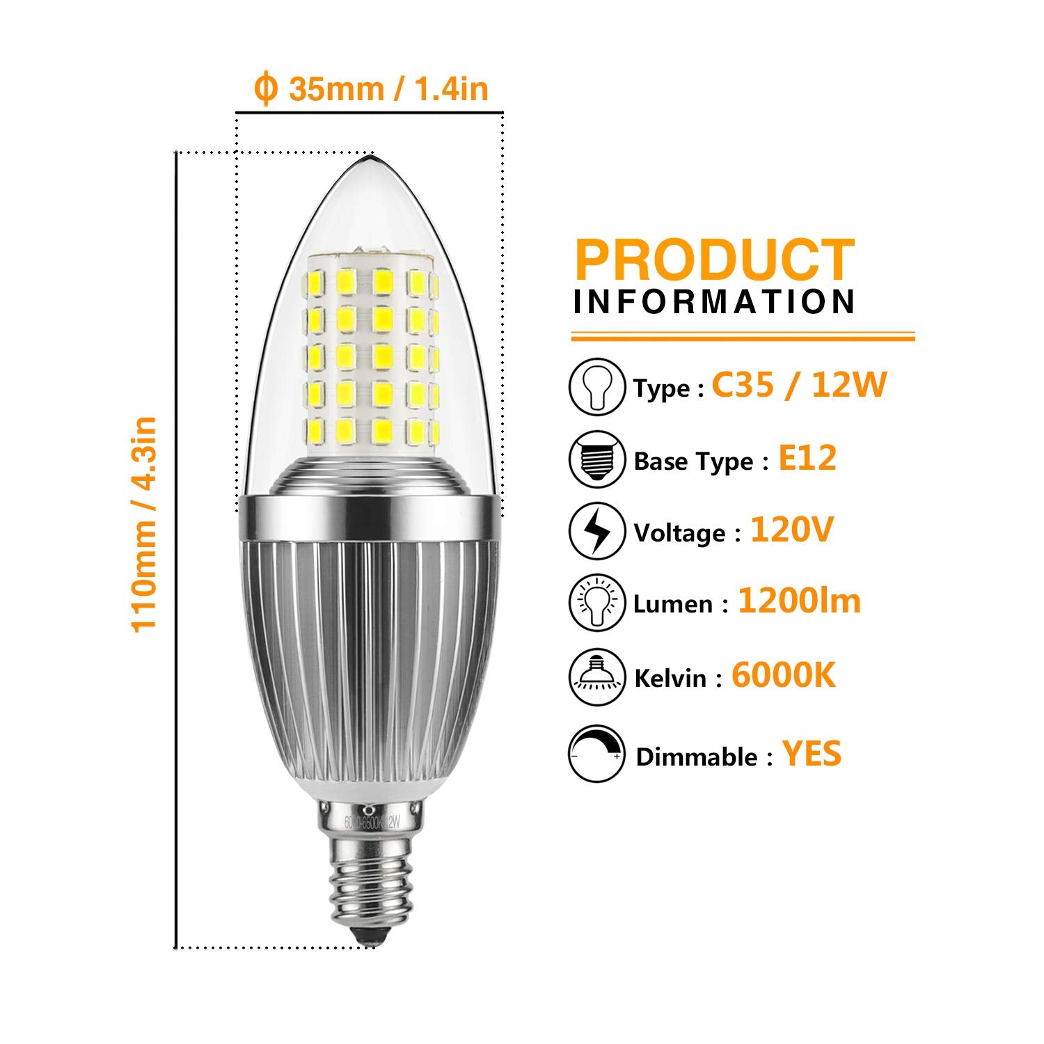 Gezee Led Candelabra Bulb, Non-Dimmable, 100 Watt Equivalent, 12W Led Candle Bulbs, Daylight White 6000K, 120V, 1200Lumens, E12