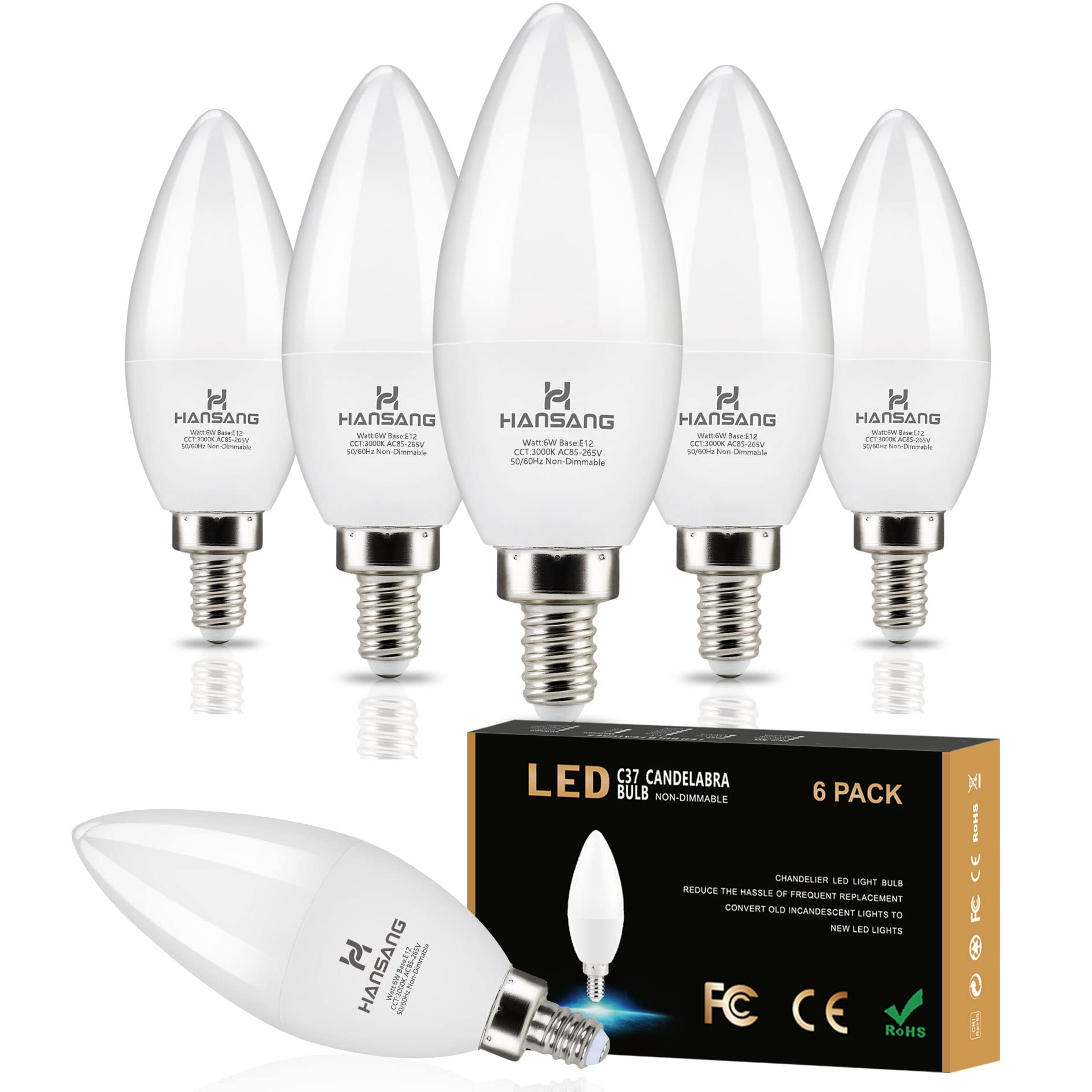 Hansang E12 Led Candelabra Bulbs 3000K Soft White 6W 60Watt Equivalent, B11 Ceiling Fan Light Bulbs Small Base, C37 Type B Light