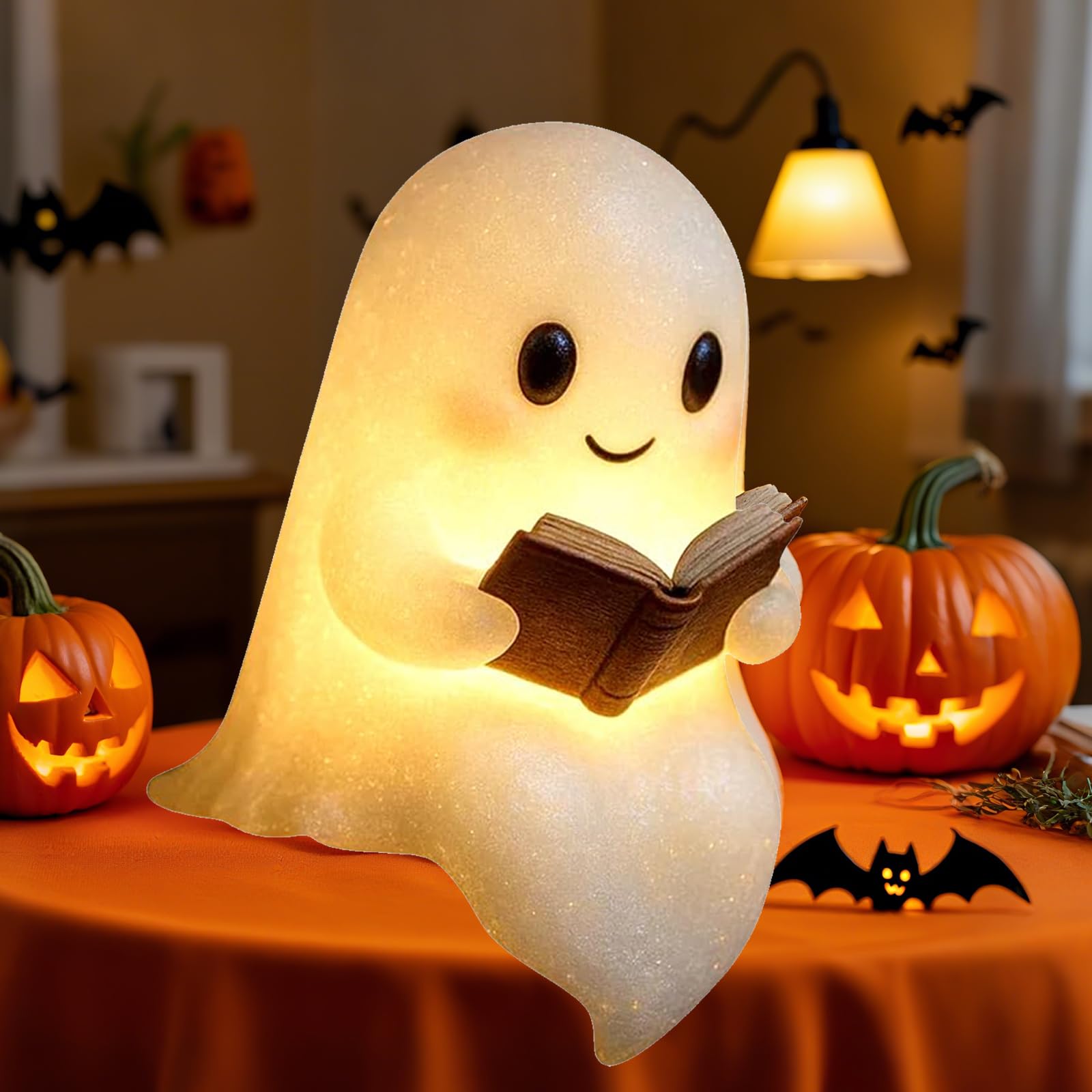 XUANDOH Ghost Reading Book Lamp, Ghost Lamp Halloween Cute 3D LED Night Light, Light Up Ghost Statue Night Light House Mantel De