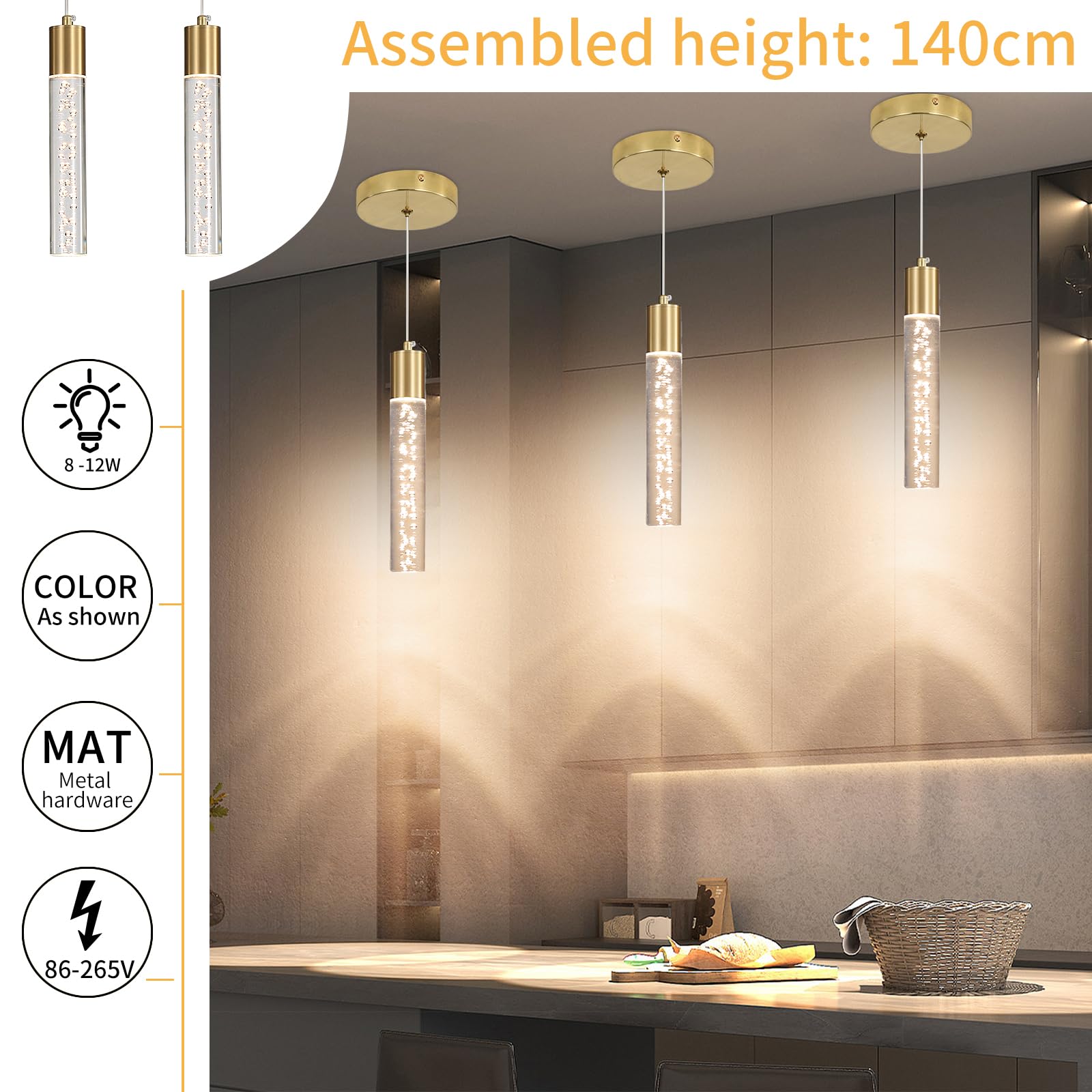 Daoseolo Modern Kitchen Island Hanging Light  Gold Led Pendant Lights Fixture  Bubble Acrylic  3 Color Temperatures  Mini Ceiling Chandelier Lighting For Dining Room  Bedroom  Foyer Entrance  Cafe