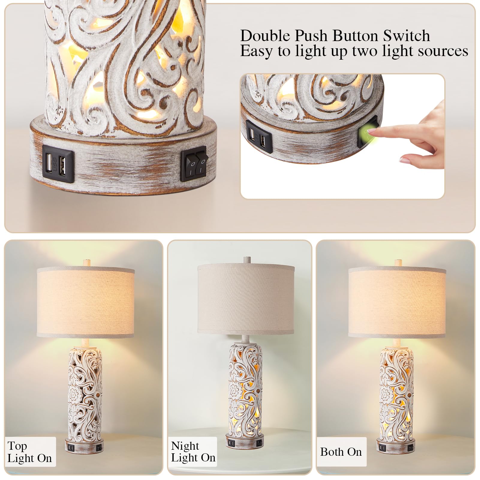 RORIANO Rustic Farmhouse Table Lamps Set of 2, Vintage Resin Nightstand Lamps with Dual USB Port, Antique White, Model LM-08889