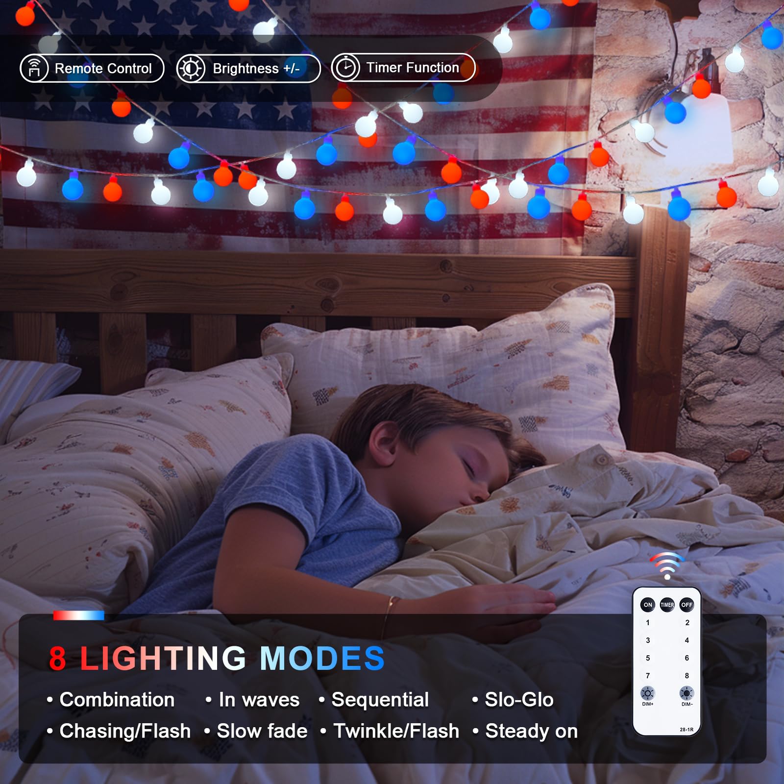 100 Led Connectable Red White And Blue Lights Indoor Outdoor Waterproof, 33Ft 4Th Of July Decoration Lights, 8 Modes Globe String Lights Plug In With Remote For Independence Day Party Patriotic Decor