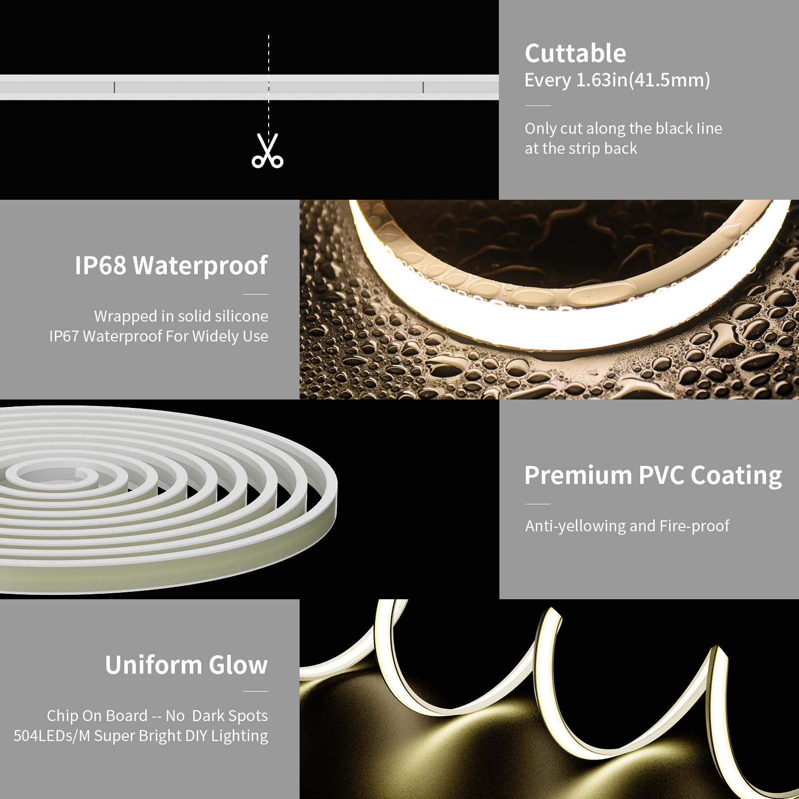 Pautix Cob Led Strip Neon Rope Light 16.4Ft, 4000K White, Ip67 Waterproof, 504 Leds/M, Silicone, Model Snw504W24-Cob