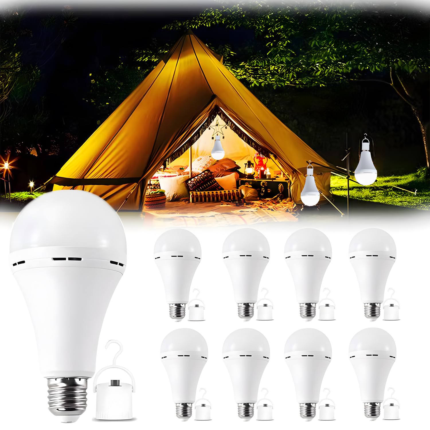 8Pack White Rechargeable Emergency 15W Led Light Bulb,Stay Lights Up When Power Failure,100W Equivalent,1500Lm,White Light 6000K
